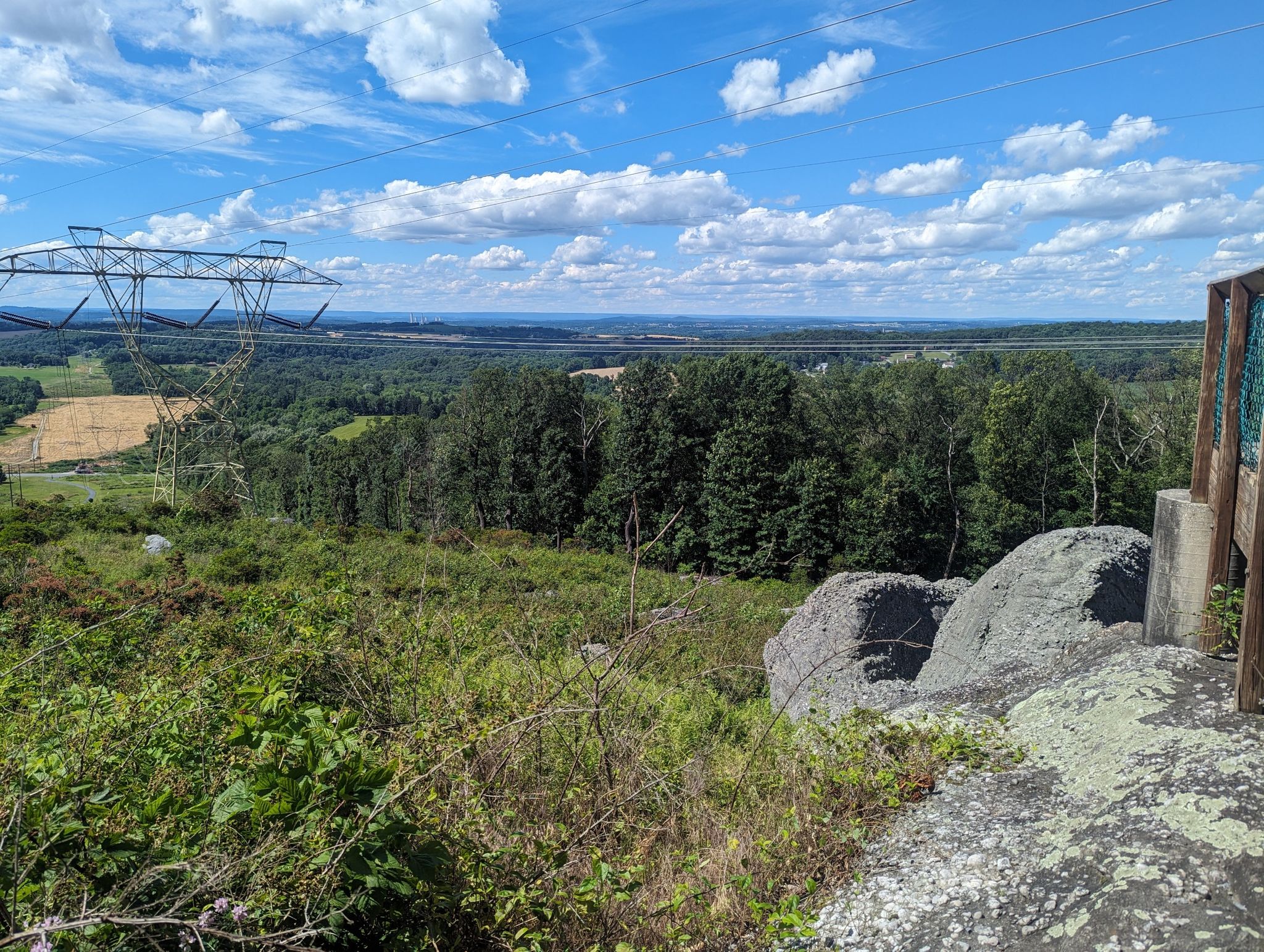Expansive view of a forested valley with power lines under a cloudy blue sky. - Beginner Loop