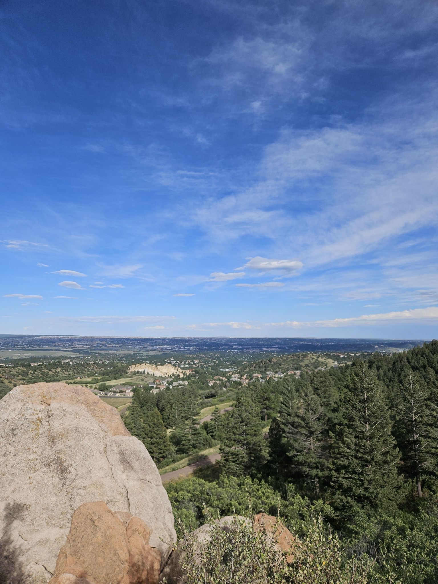 Sunny panoramic view of a valley, distant town, and pine trees. - View of Blodgett Peak loop from Blodgett Peak Open Space