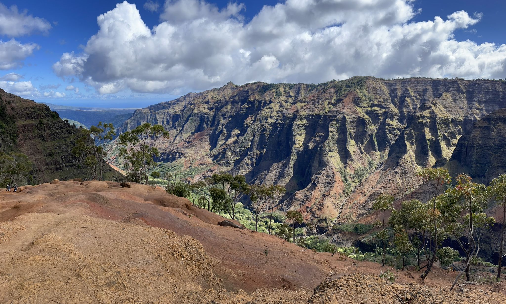 Wide canyon view with red earth, green valley, and blue sky with clouds. - Waimea Canyon Lookout – Upper Waipo'o Falls loop from Halemanu