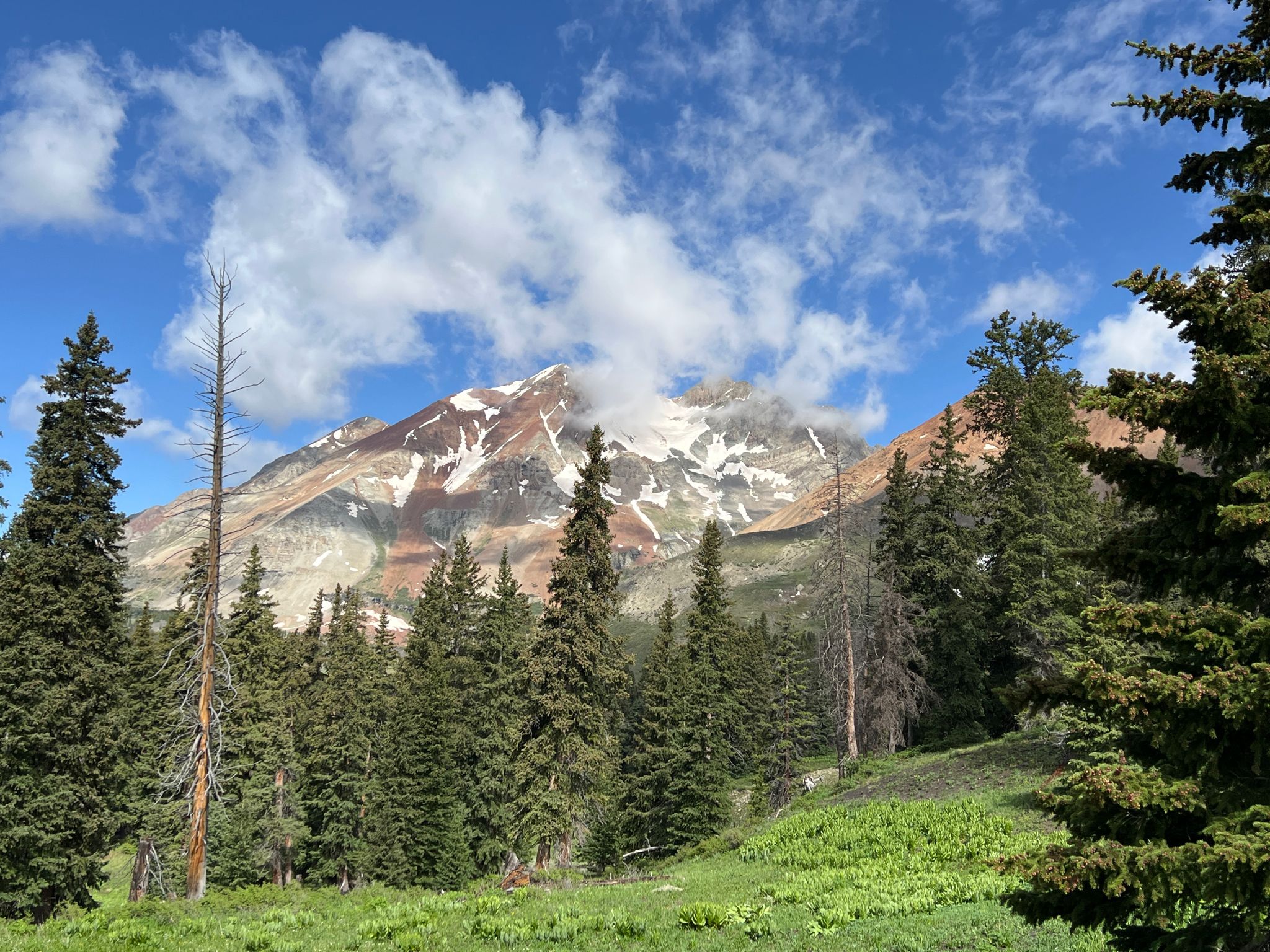 Snow-capped mountain peak with colorful slopes, surrounded by evergreen trees under cloudy sky. - Cross Mountain Trail