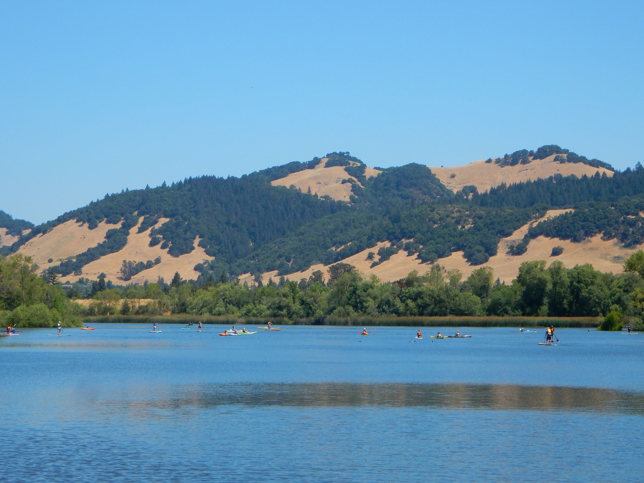 People paddleboarding and kayaking on a lake with distant hills under a clear sky. - Spring Lake loop