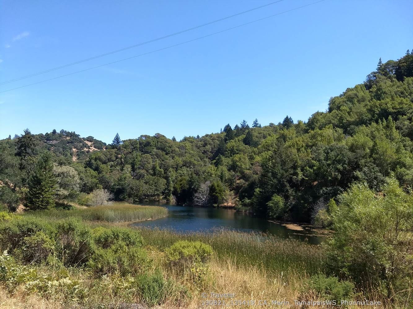 A calm lake surrounded by lush green hills under a bright blue sky. - Yolanda Trail and Shaver Grade Loop
