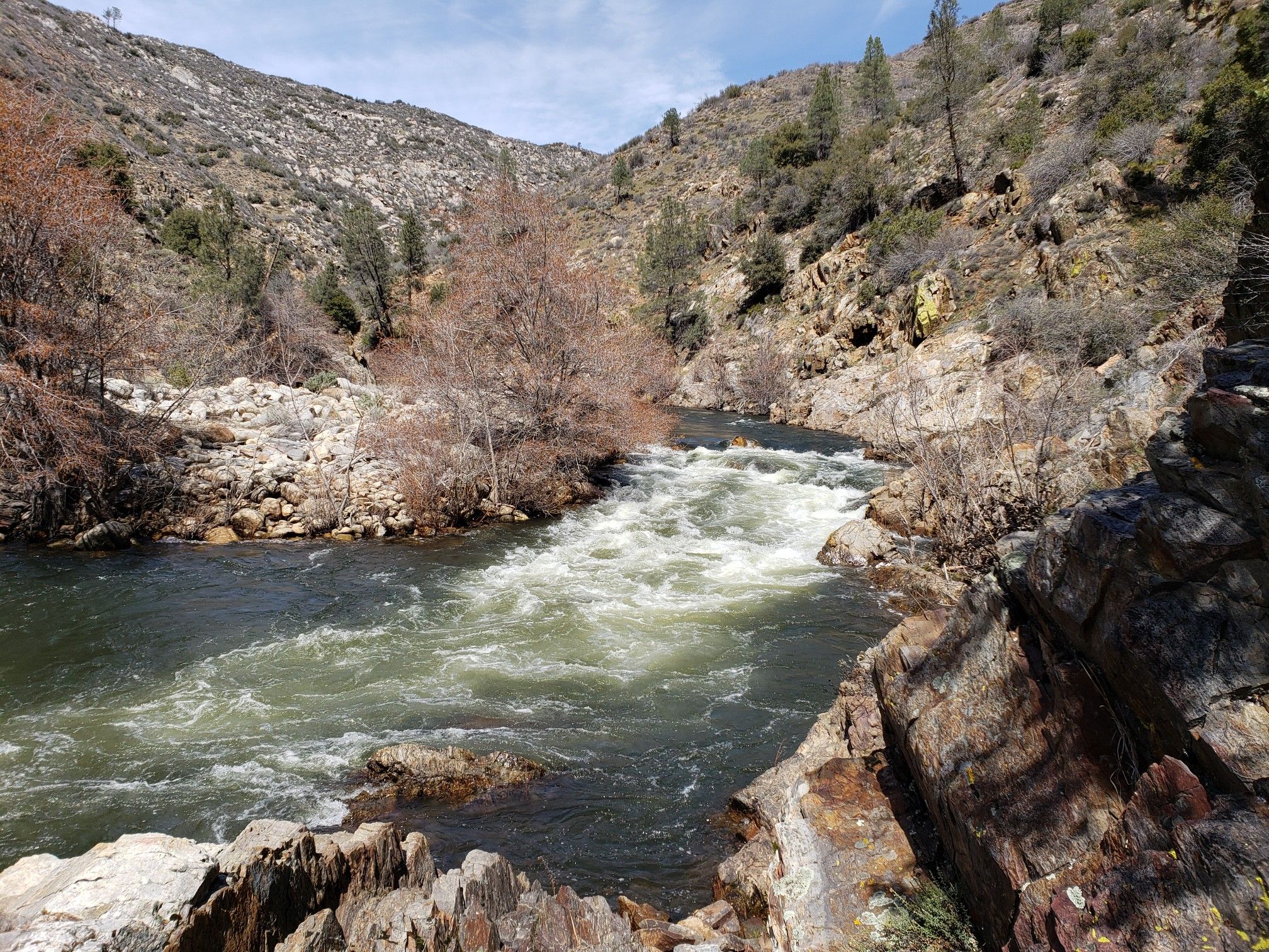 River rapids flowing through a rocky canyon with sparse trees under a bright sky. - Kern River Upper Trail