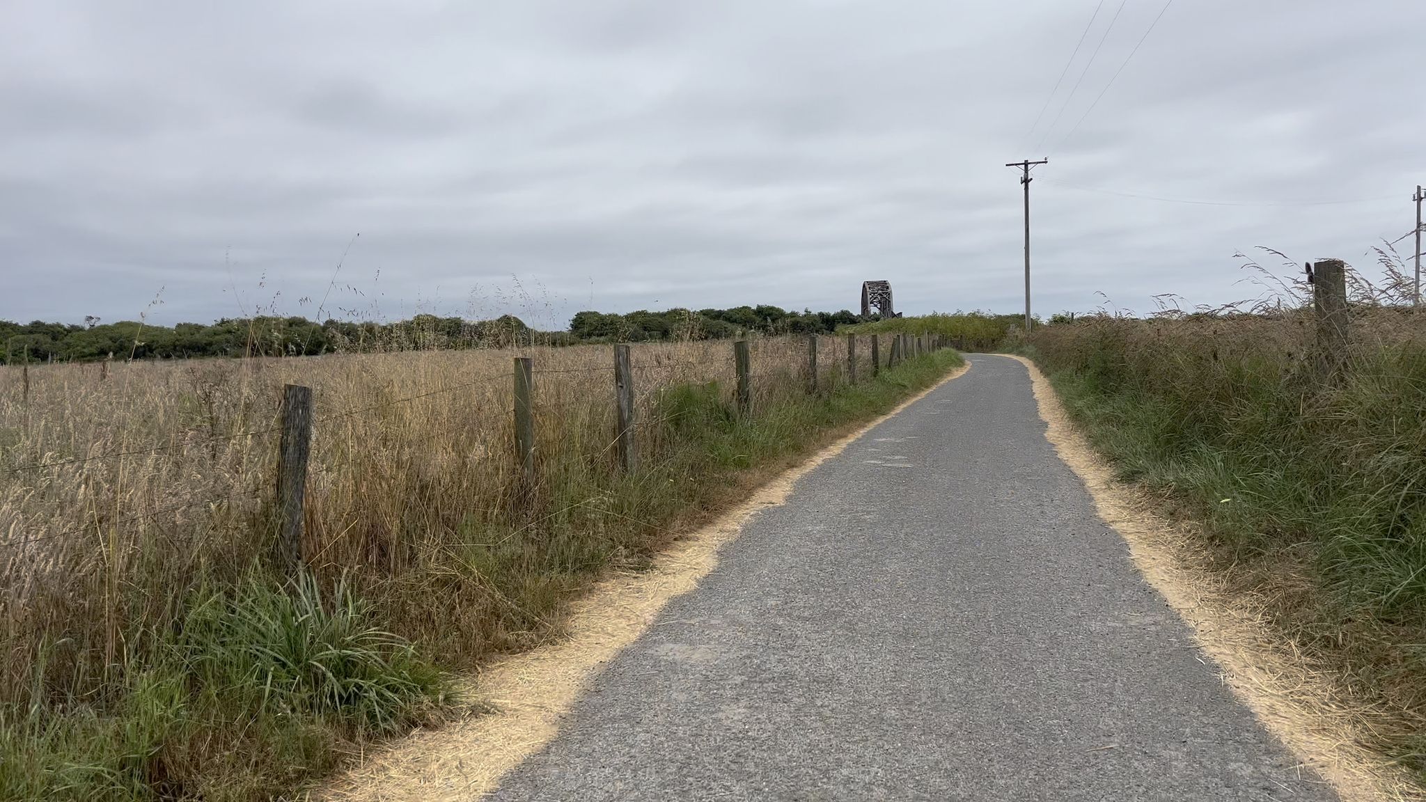 Paved path through a field of dry grass under an overcast sky. - Samoa - Eureka Bridge – Arcata Plaza loop from McKinleyville