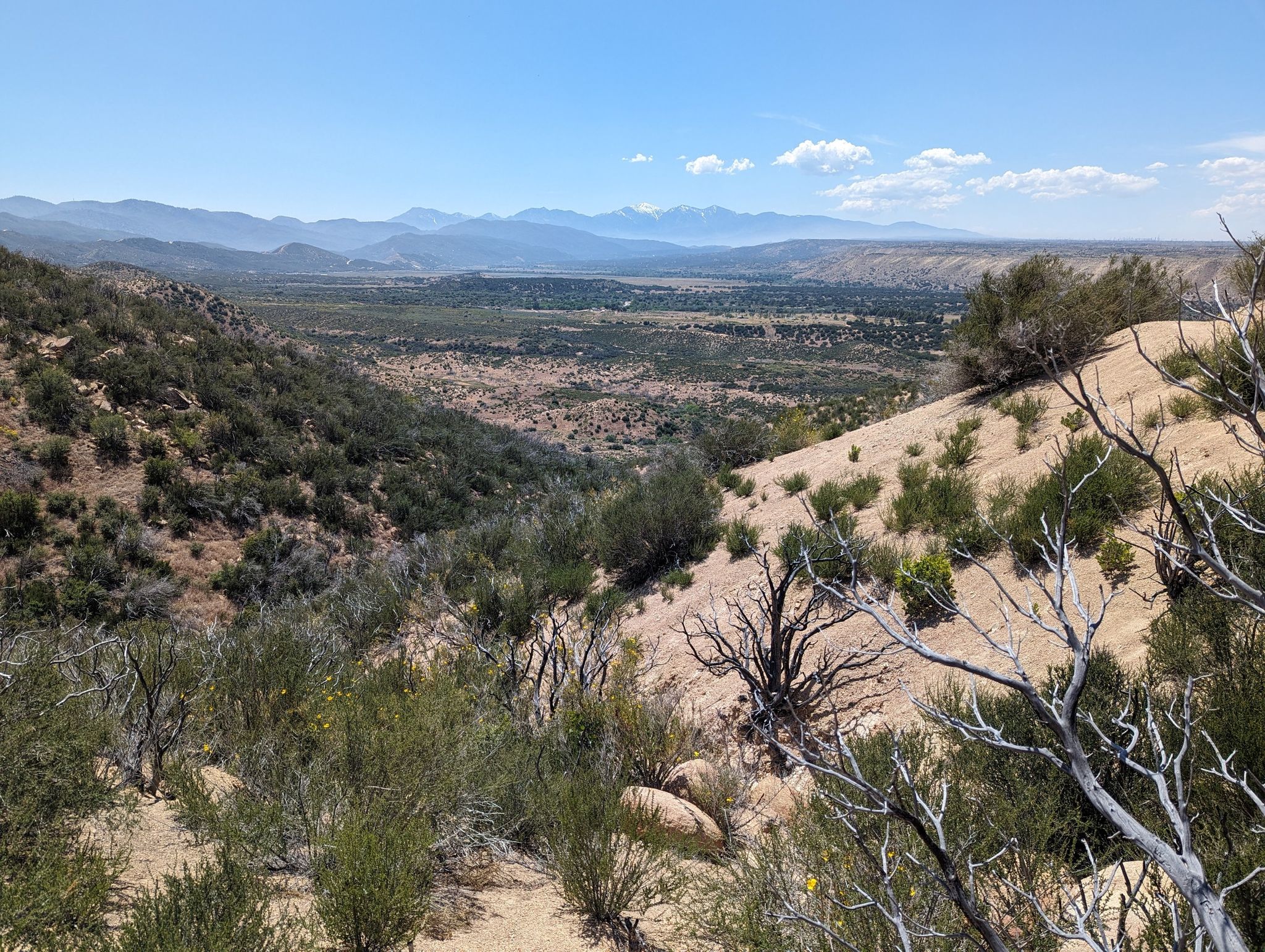 A wide valley and distant mountains seen from a dry, scrub-covered hillside. - Pacific Crest Trail: Mojave River to Silverwood Lake