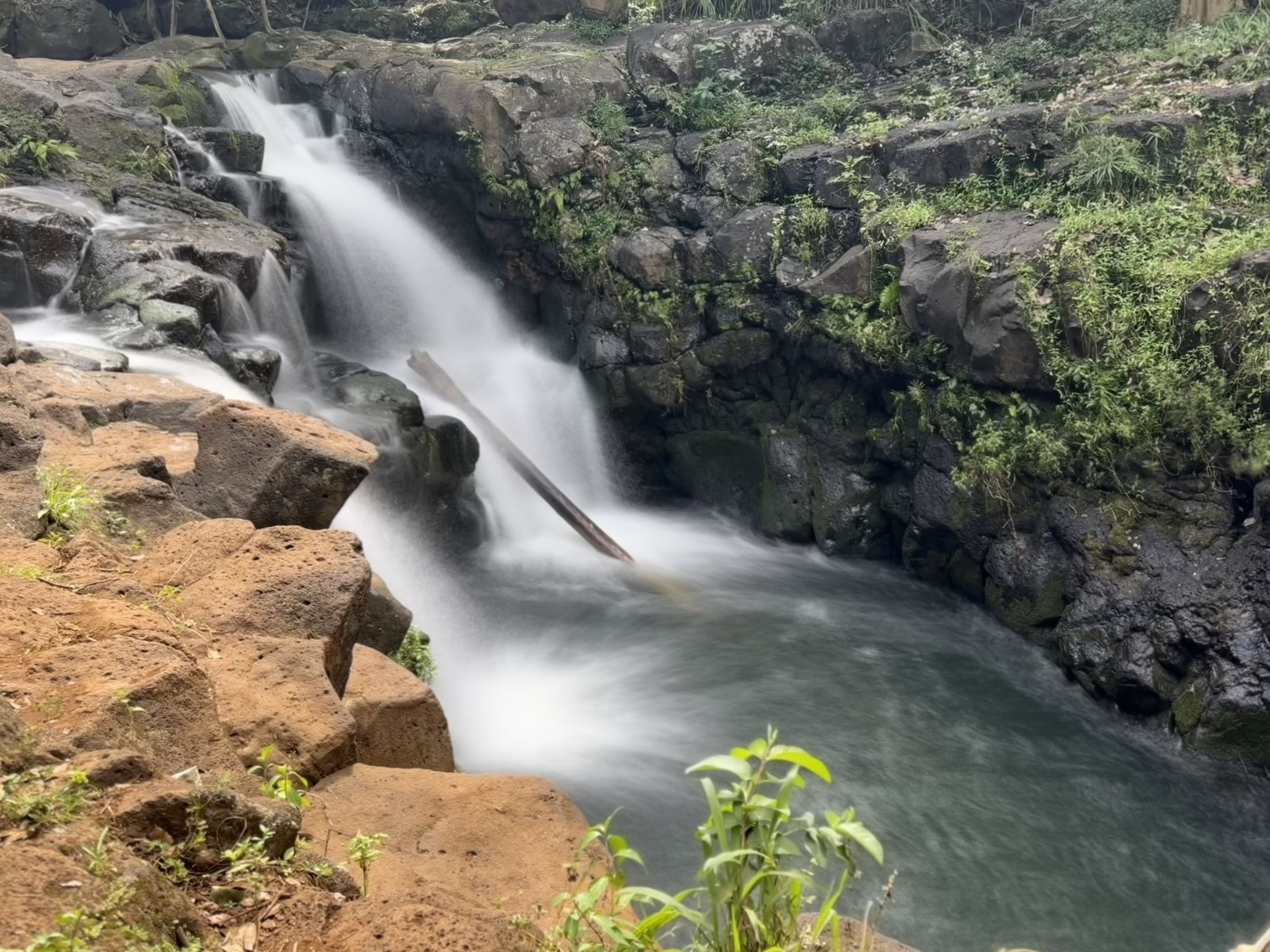 A waterfall cascades over dark rocks into a pool, surrounded by lush greenery. - Ho'opi'i Falls Trail
