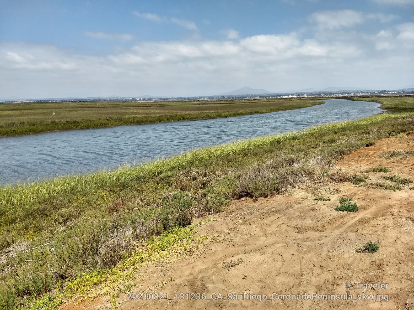 Winding river through expansive green marshland under a bright sky. - Bernardo Shores Spur – Pond 10 Bird Mural loop from Imperial Beach