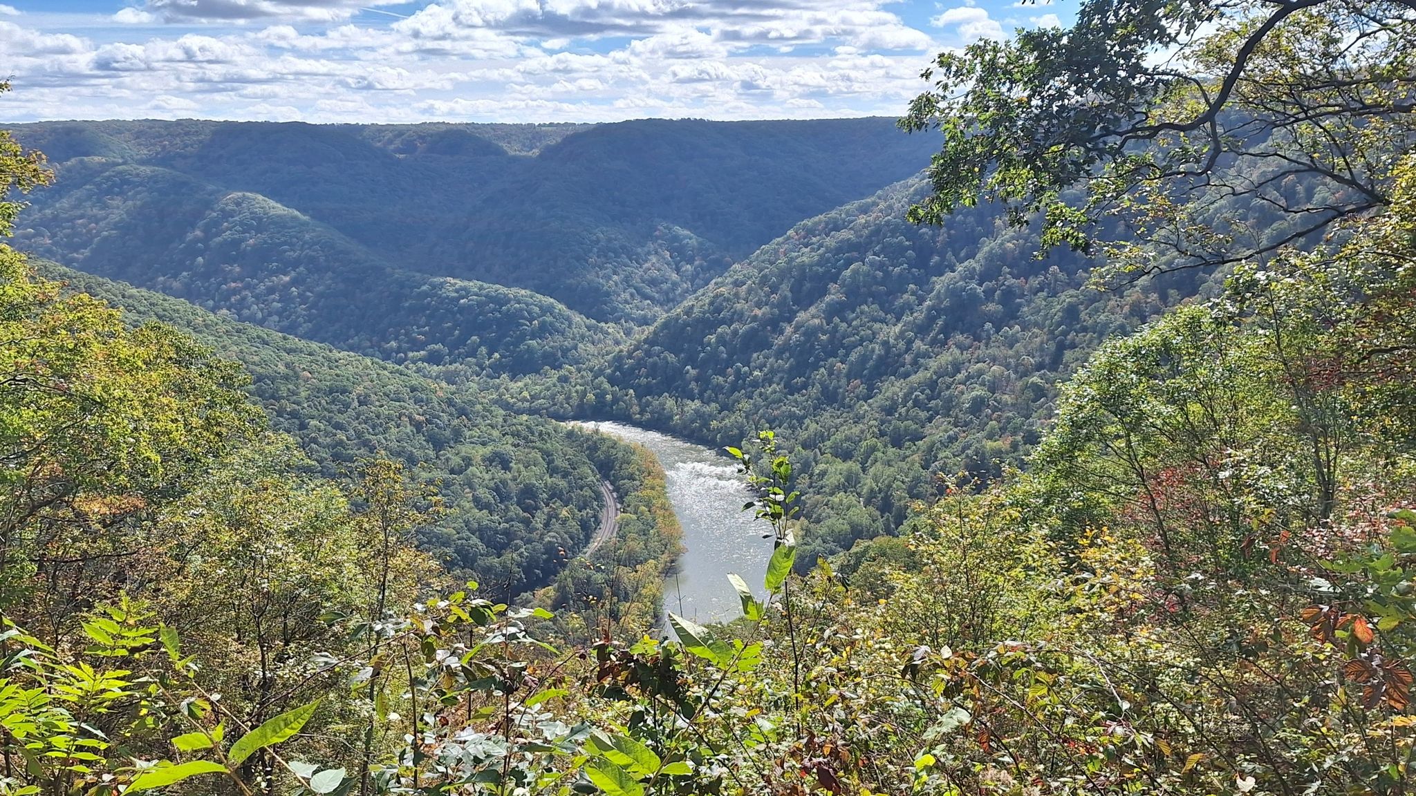 A winding river flows through a deep, forested valley under a cloudy sky. - Grandview Rim Trail