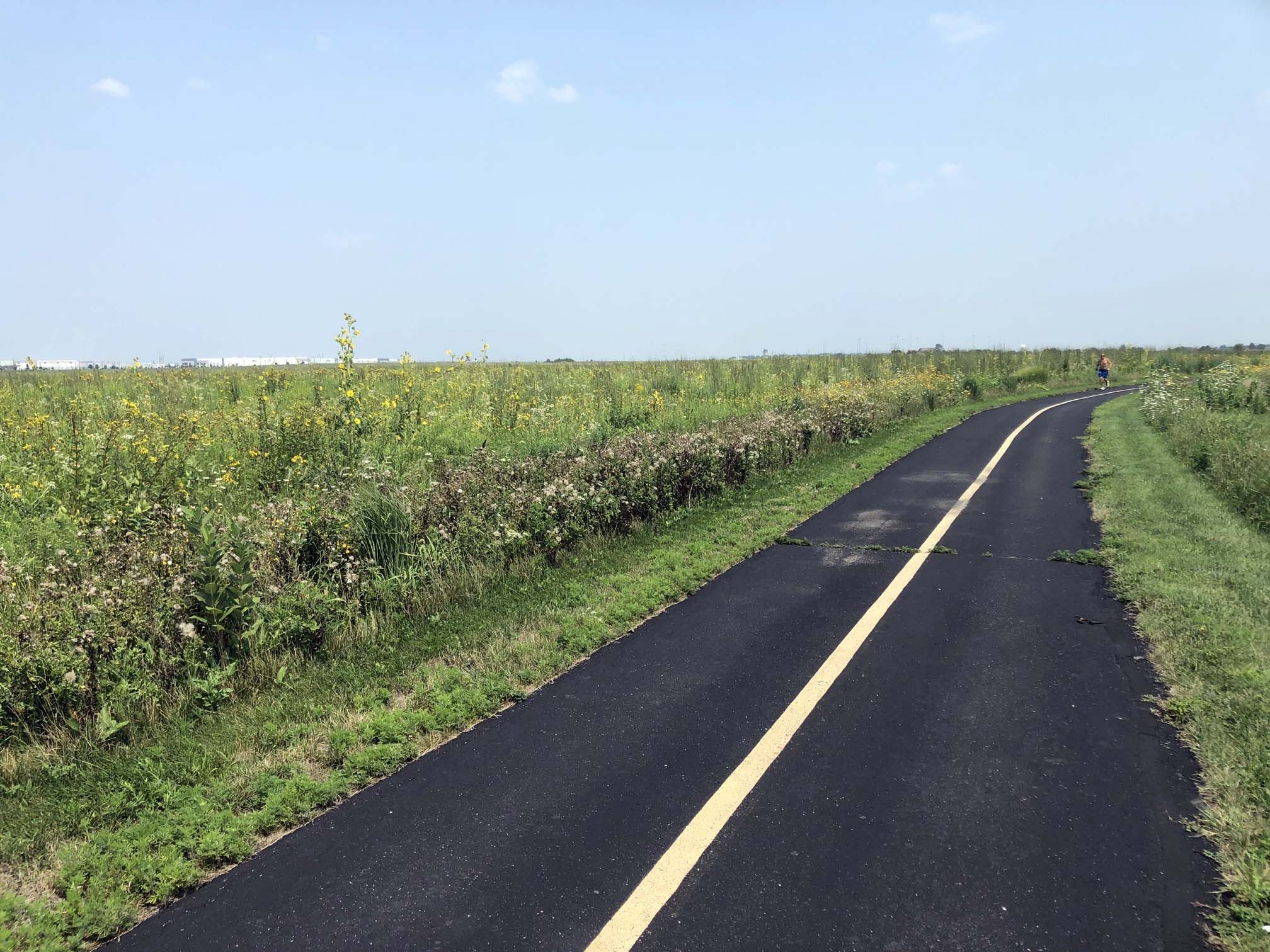 Paved path through sunny green fields with a distant cyclist. - Prairie Bluff Preserve Trail