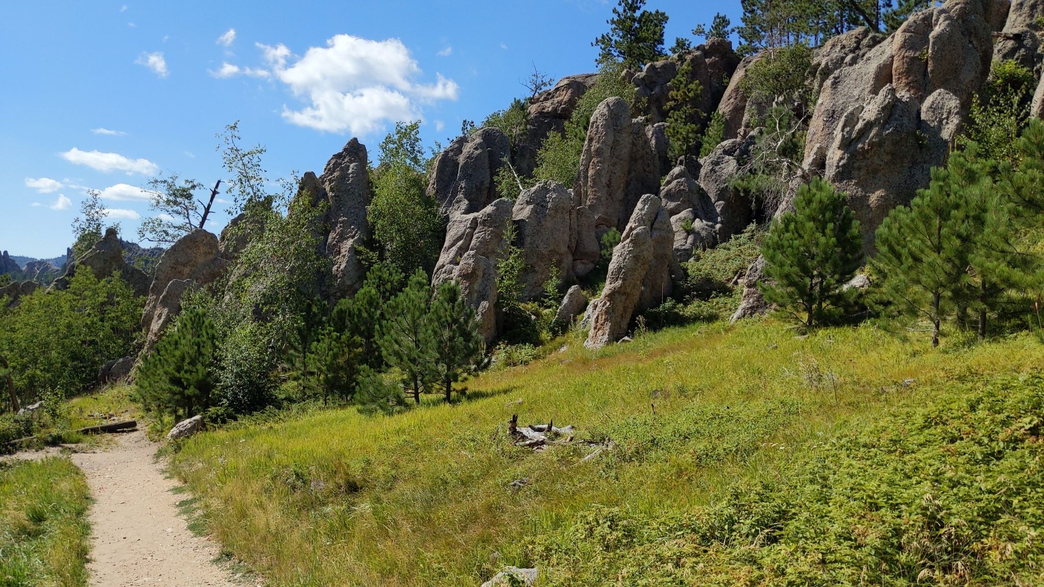 Dirt path winding beside a grassy hill and towering rock spires. - Little Devil's Tower Trail