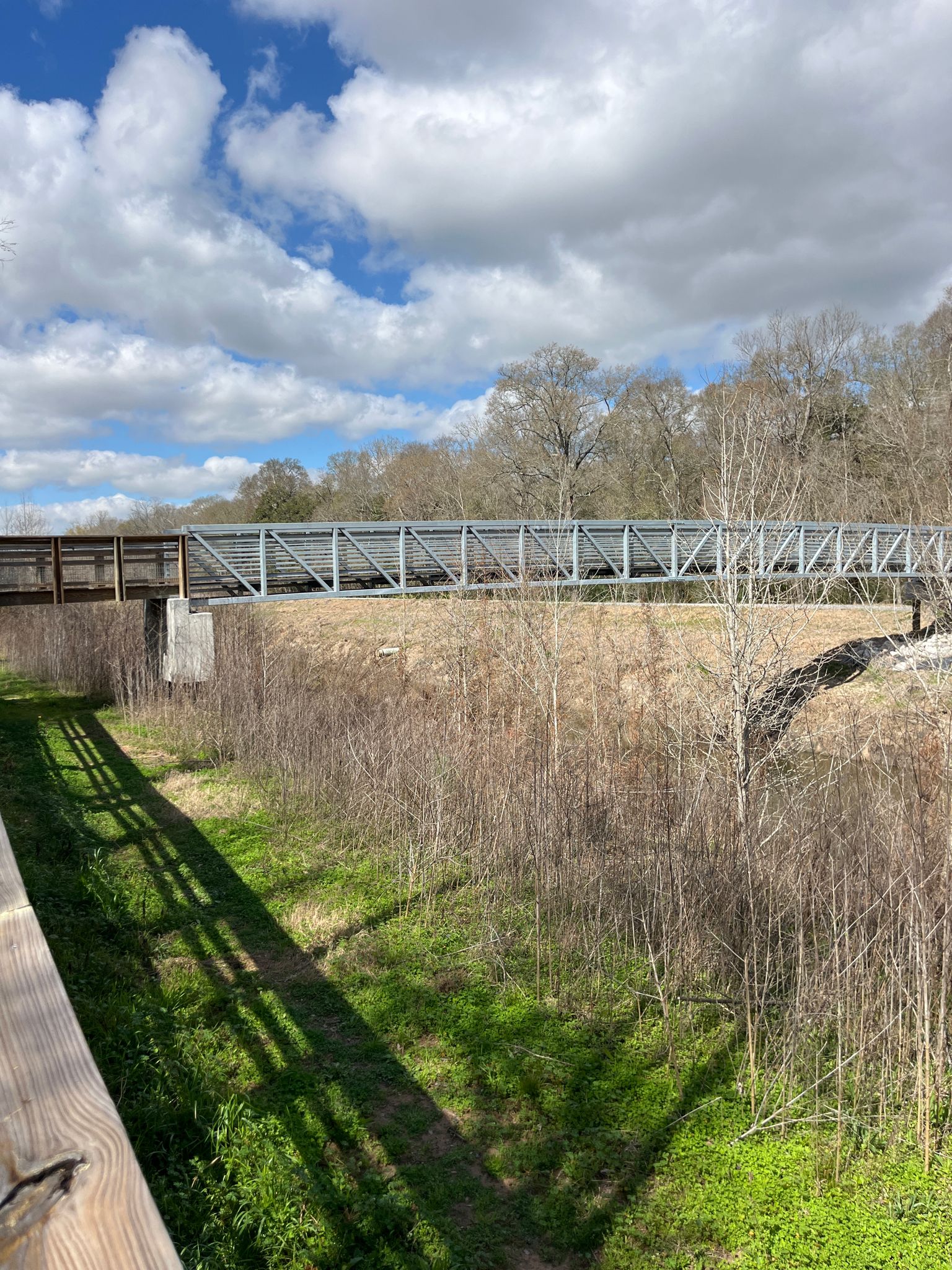 Long bridge, part metal, part wood, crosses a sunny, grassy field. - Acadiana Nature Station Loop
