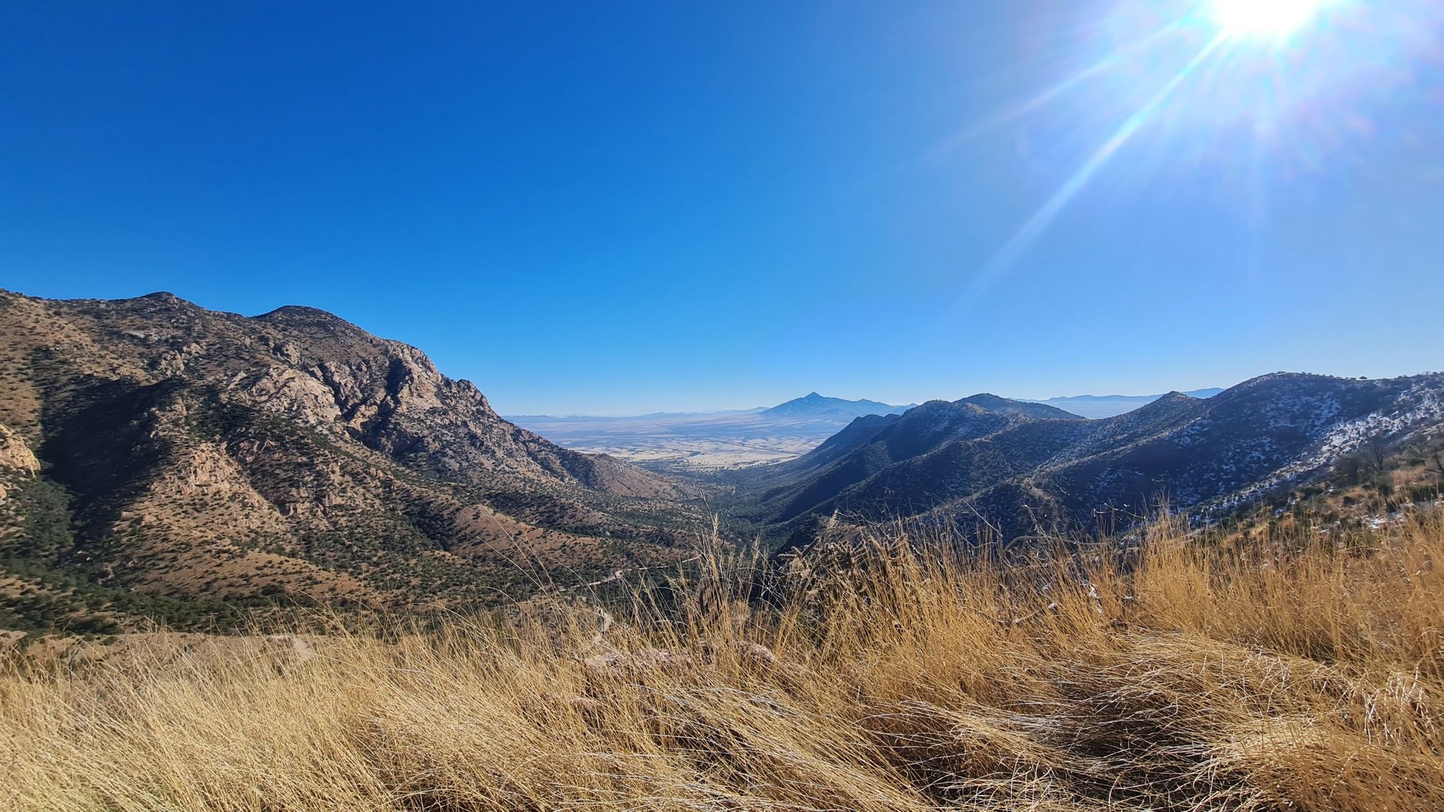 Sunny mountain landscape with dry grass in foreground and distant peaks. - Montezuma Pass Road Hike