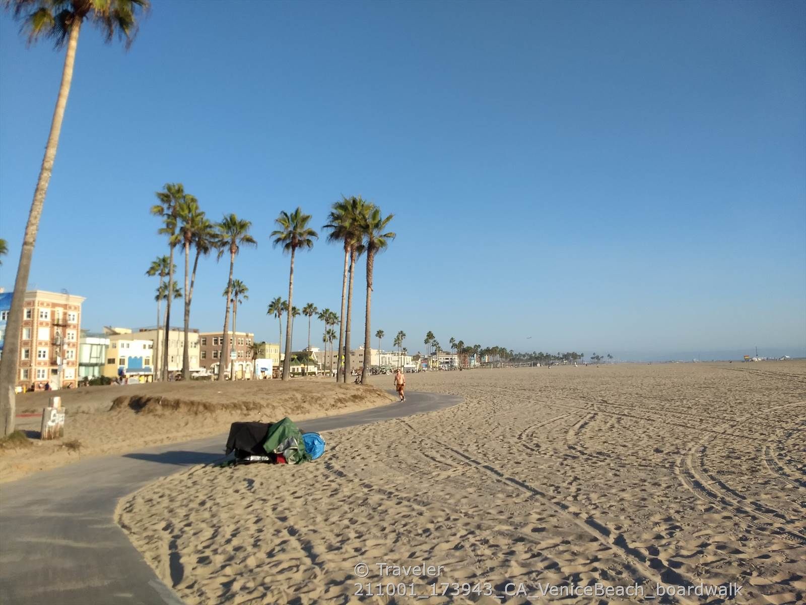 Wide sandy beach with palm trees, a paved path, and distant buildings. - Venice Beach Boardwalk – Venice Beach Skatepark loop from Venice