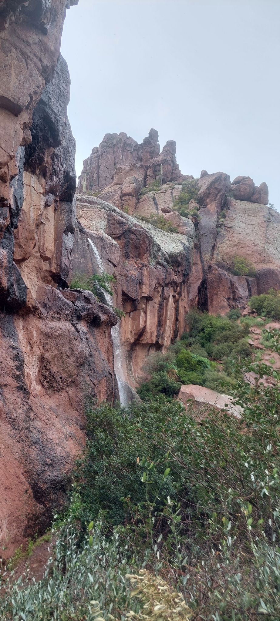 Waterfalls cascading down rugged rock cliffs with green bushes under an overcast sky. - Massacre Falls Trail