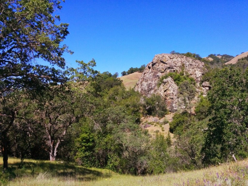 A large rocky outcrop rises from a lush green hillside under a clear sky. - Wilson Peak & Henry W. Coe State Park loop from Gilroy