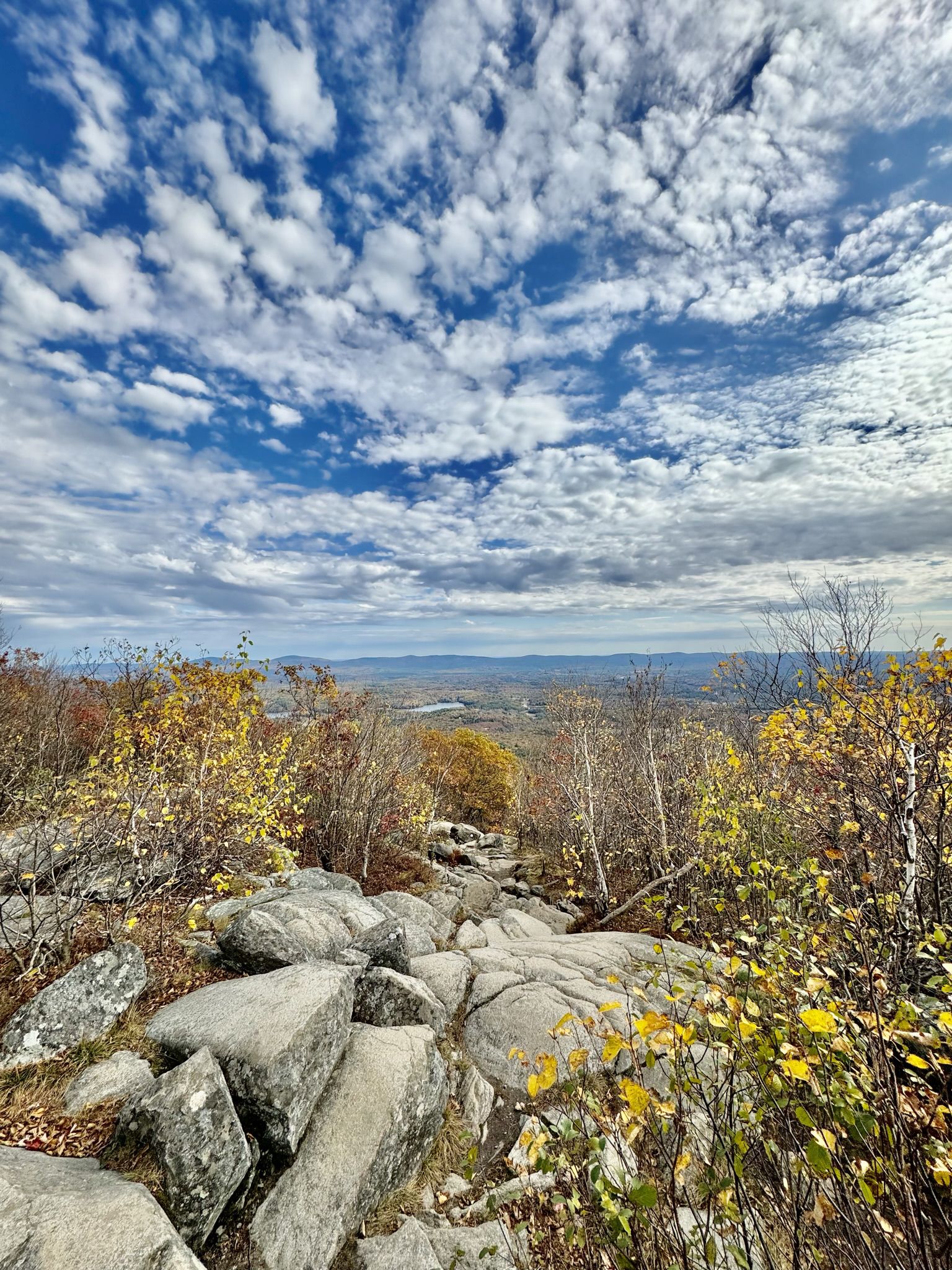 Rocky path through vibrant autumn trees, overlooking a vast valley under cloudy sky. - Monadnock Mountain via Birchtoft to Hinkley Loop