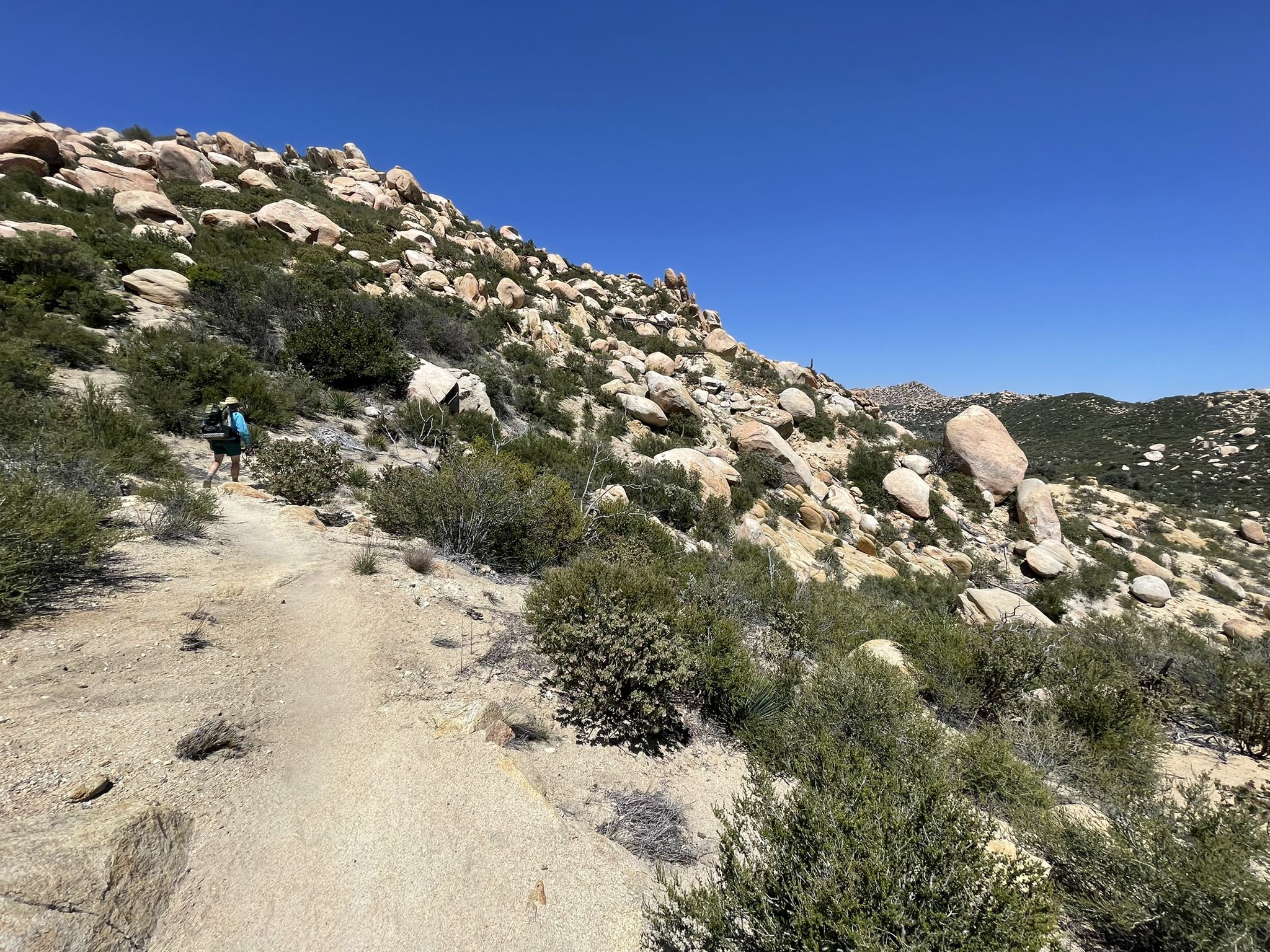 A hiker walks a dirt path on a rocky, scrub-covered hillside under bright sun. - Pacific Crest National Scenic Trail #2000\