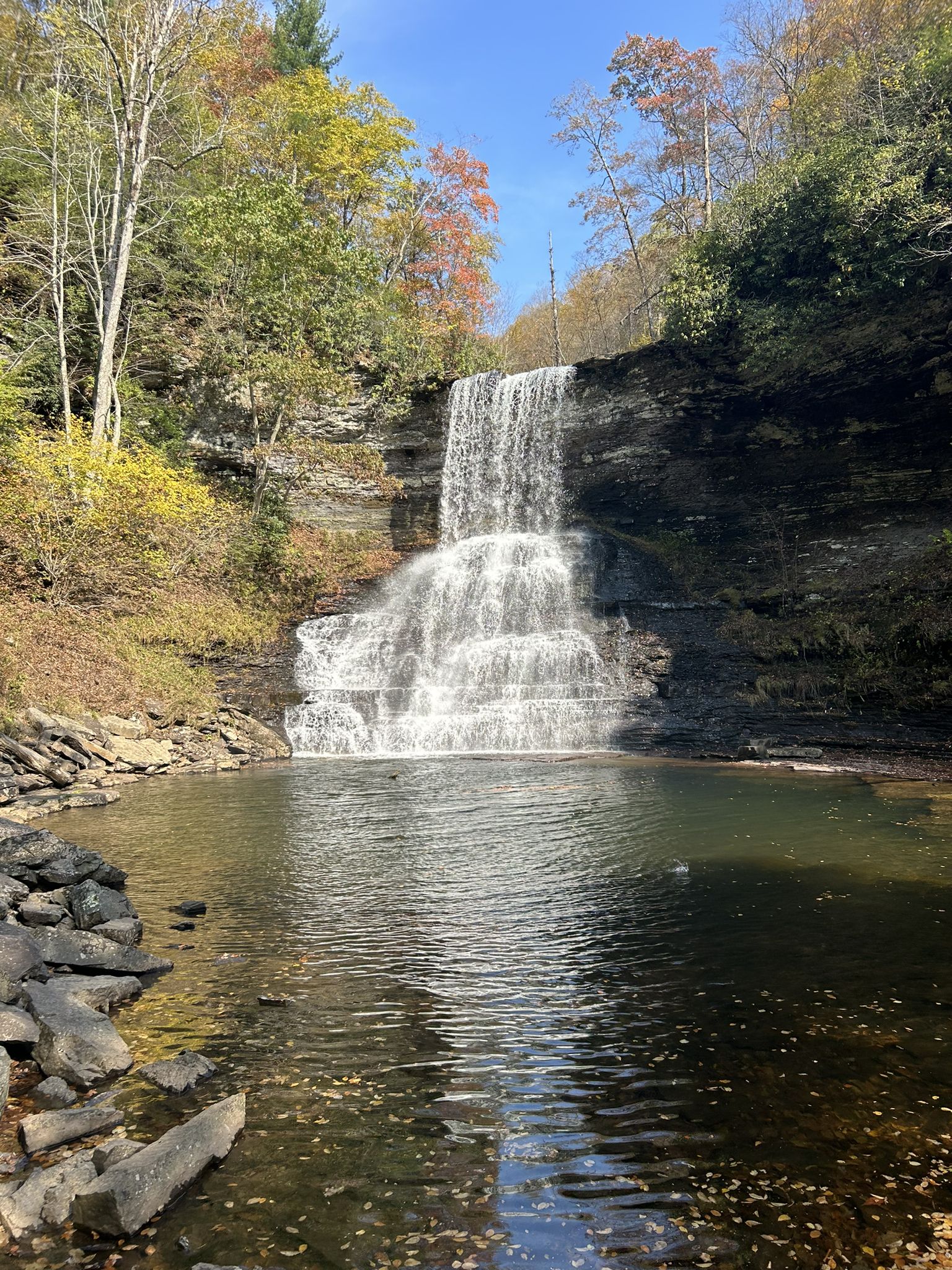 Waterfall cascading into a pool, surrounded by autumn trees under bright sky. - Cascades National Recreation Trail