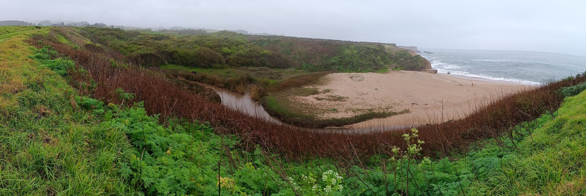 Overcast view of a secluded sandy beach with a stream and coastal vegetation. - Sand Point Beach Overlook – Needle Rock loop from Wilder Dairy Cultural Preserve