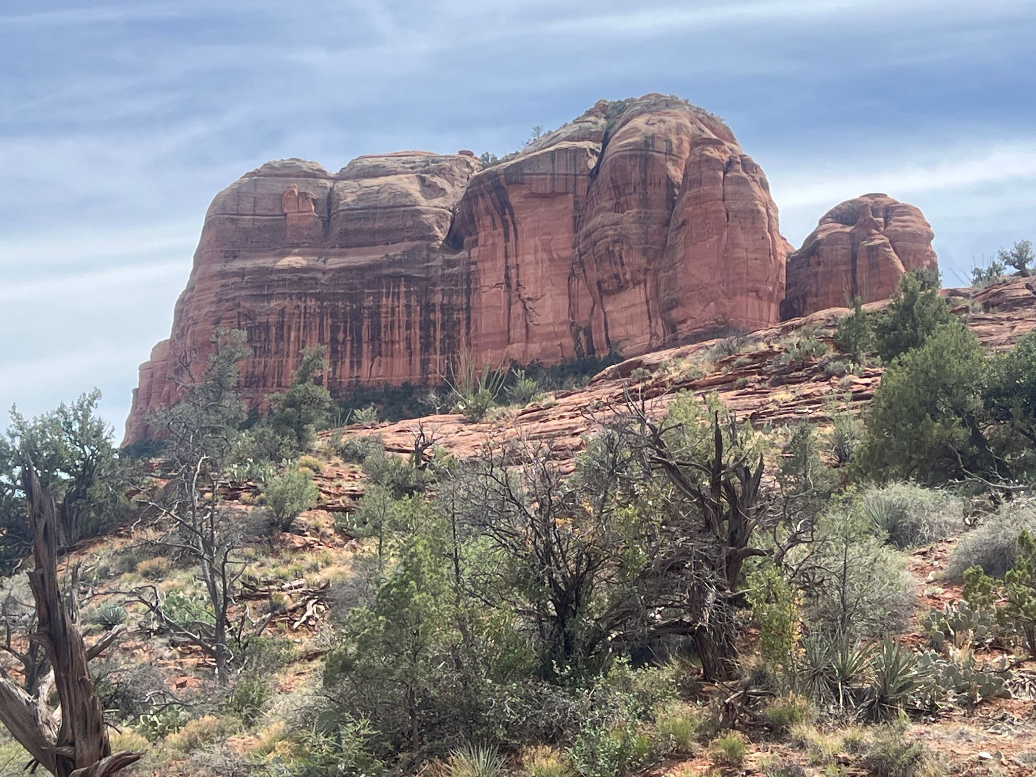 Large red rock formation on a hill with sparse green vegetation. - Hiline and Templeton Loop