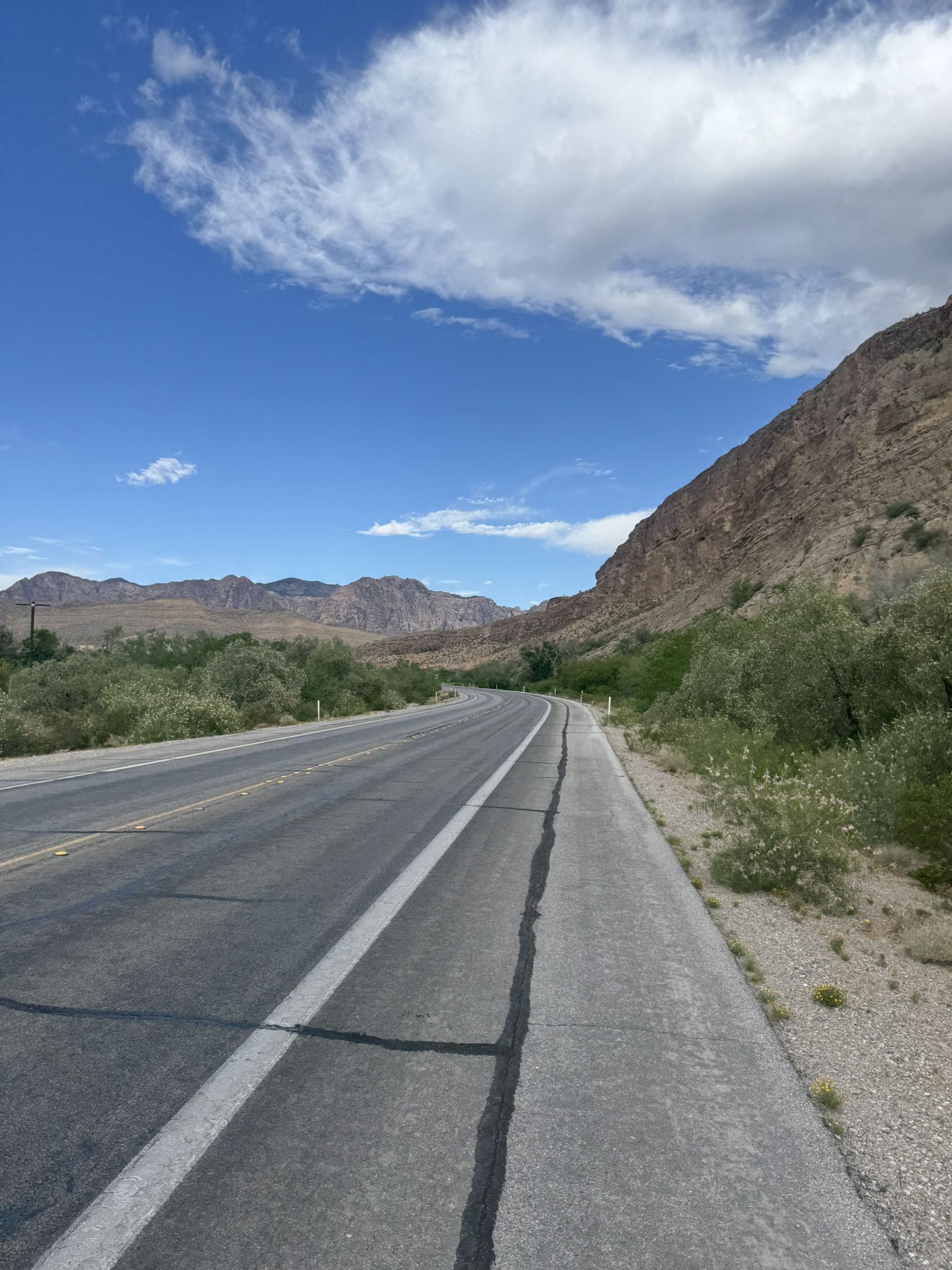 A winding road curves through a desert landscape with mountains and green shrubs. - Blue Diamond from Bear's Best Trailhead