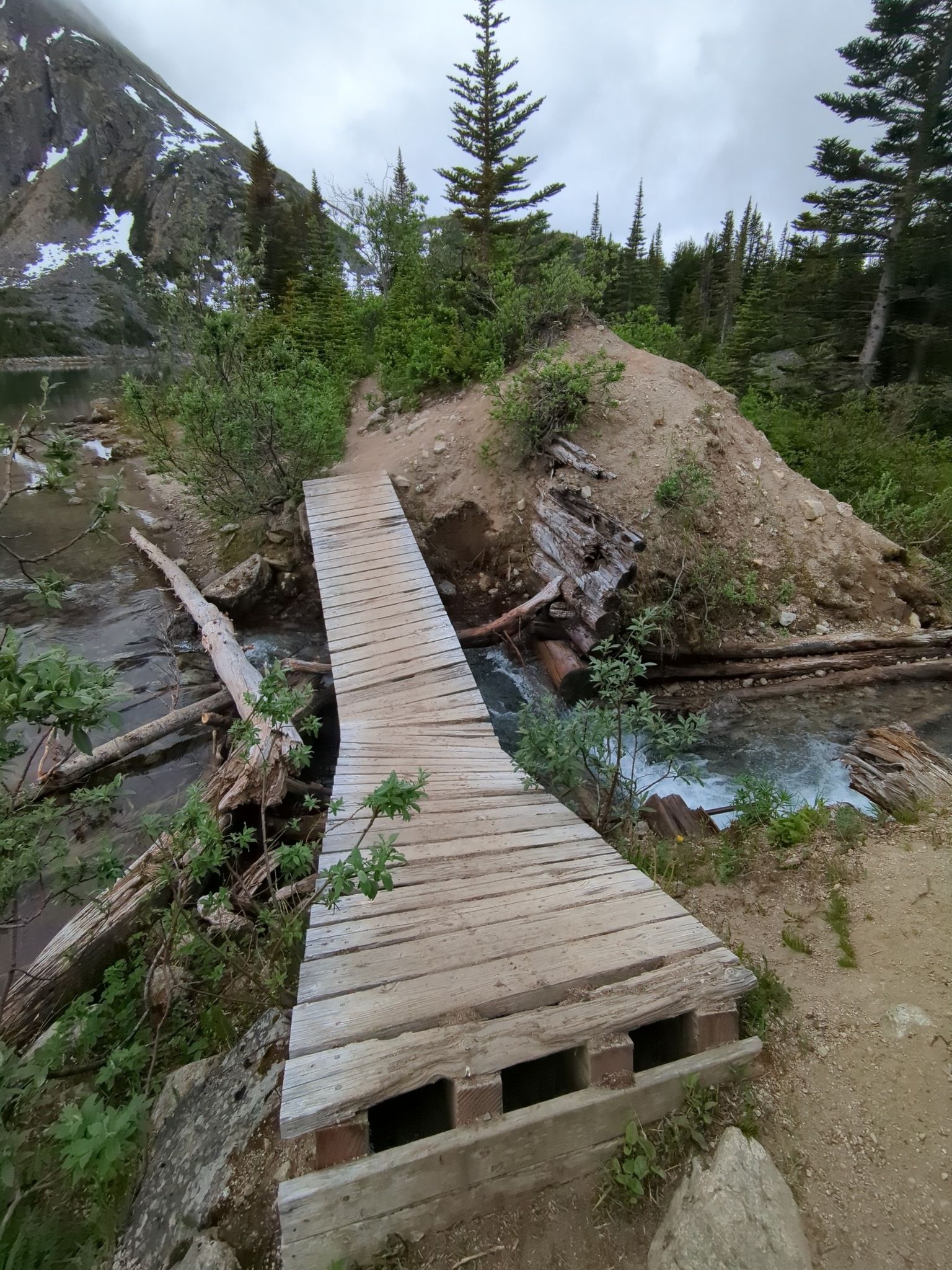 Wooden bridge over a stream in a cloudy, mountainous, forested landscape. - Upper Dewey Lake Trail