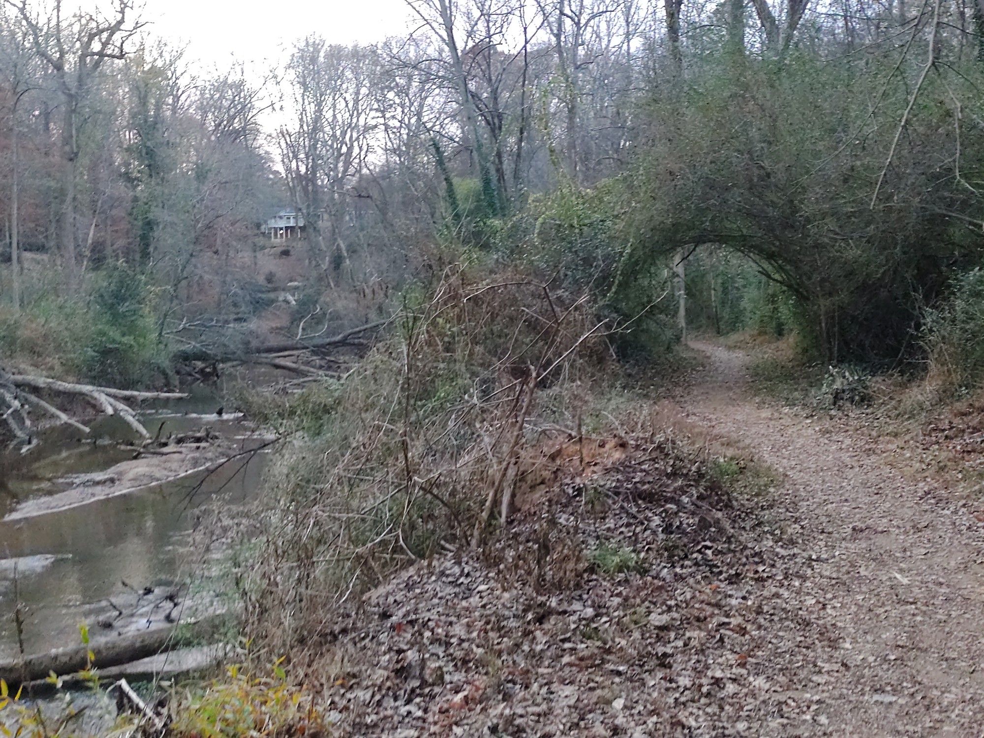 Dirt path alongside a river with bare trees and a green archway. - Cottonwood Trail loop from Edwin M Griffin Nature Preserve