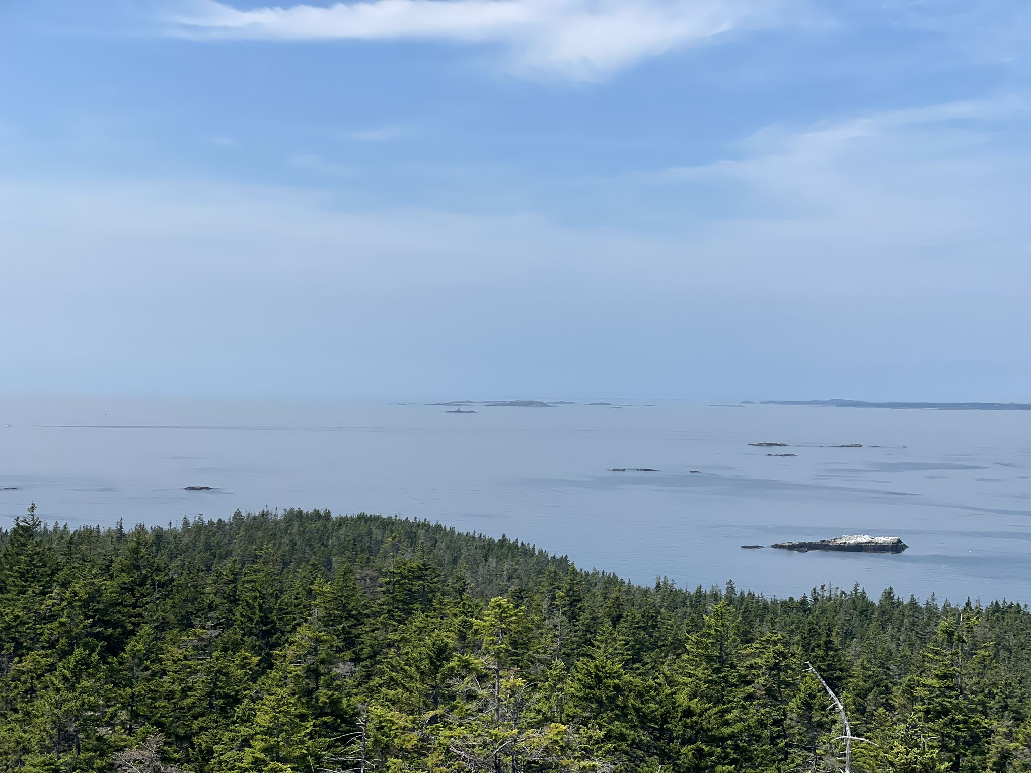 Expansive ocean view with small islands and a green forested foreground. - Duck Harbor Mountain and Western Head Loop