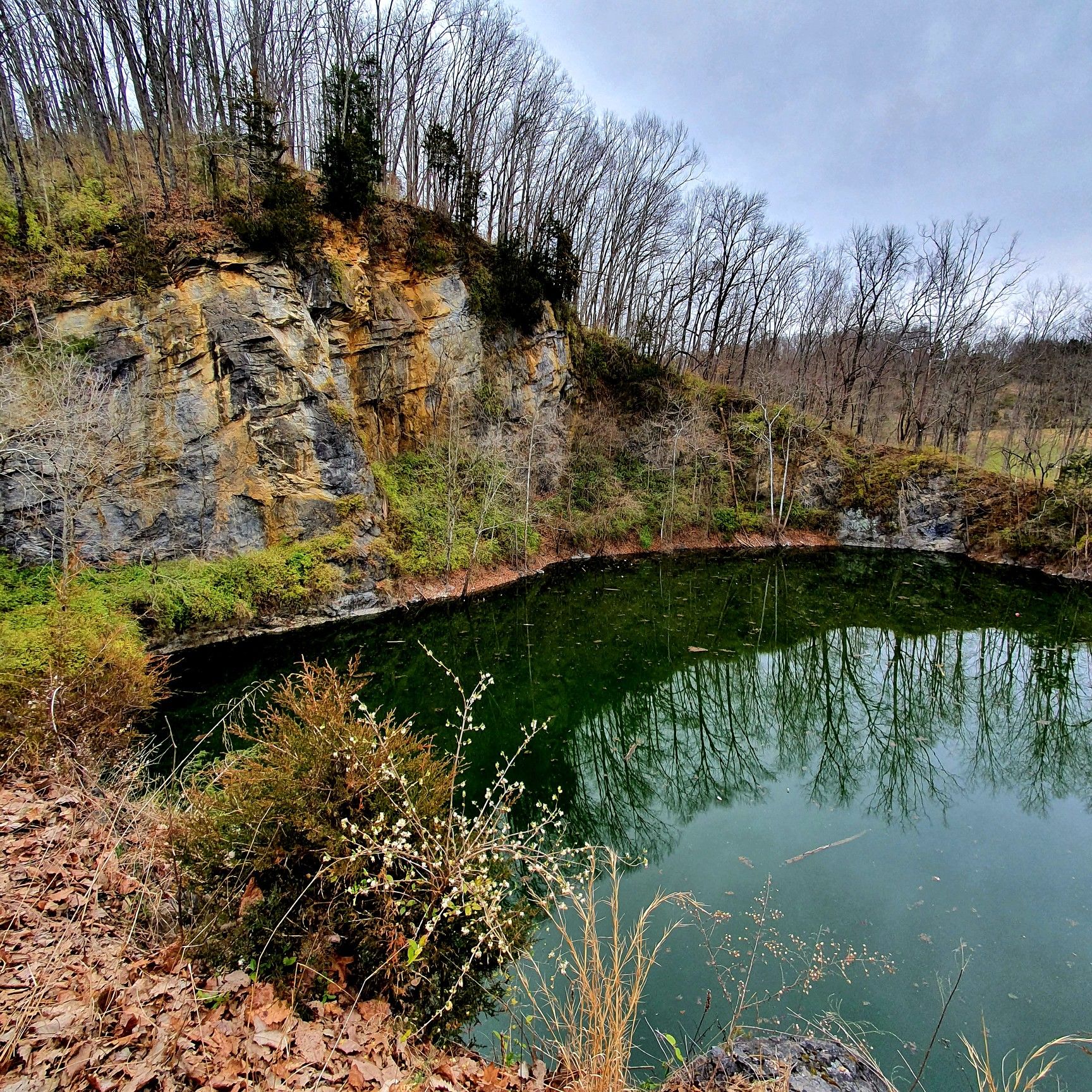 Green pond at base of rocky cliff, surrounded by bare trees under cloudy sky. - Tweetsie Trail and Watauga River Loop