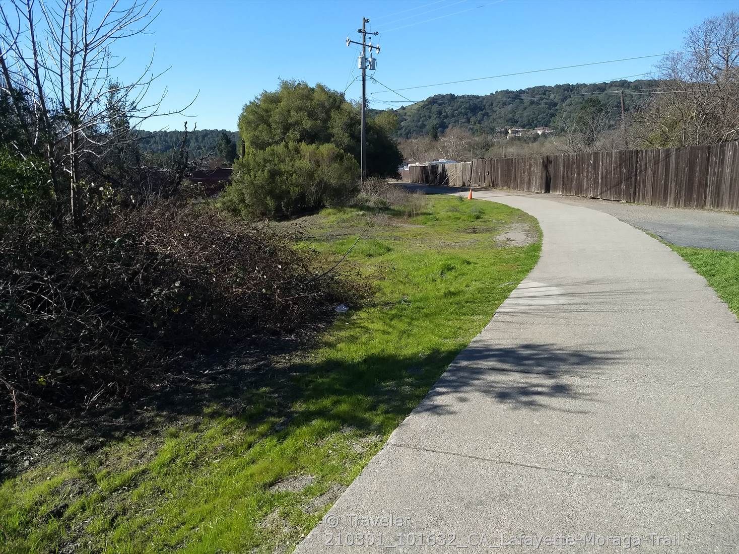 A paved path curves beside overgrown bushes and a wooden fence in daylight. - Lamorinda Trail Loop