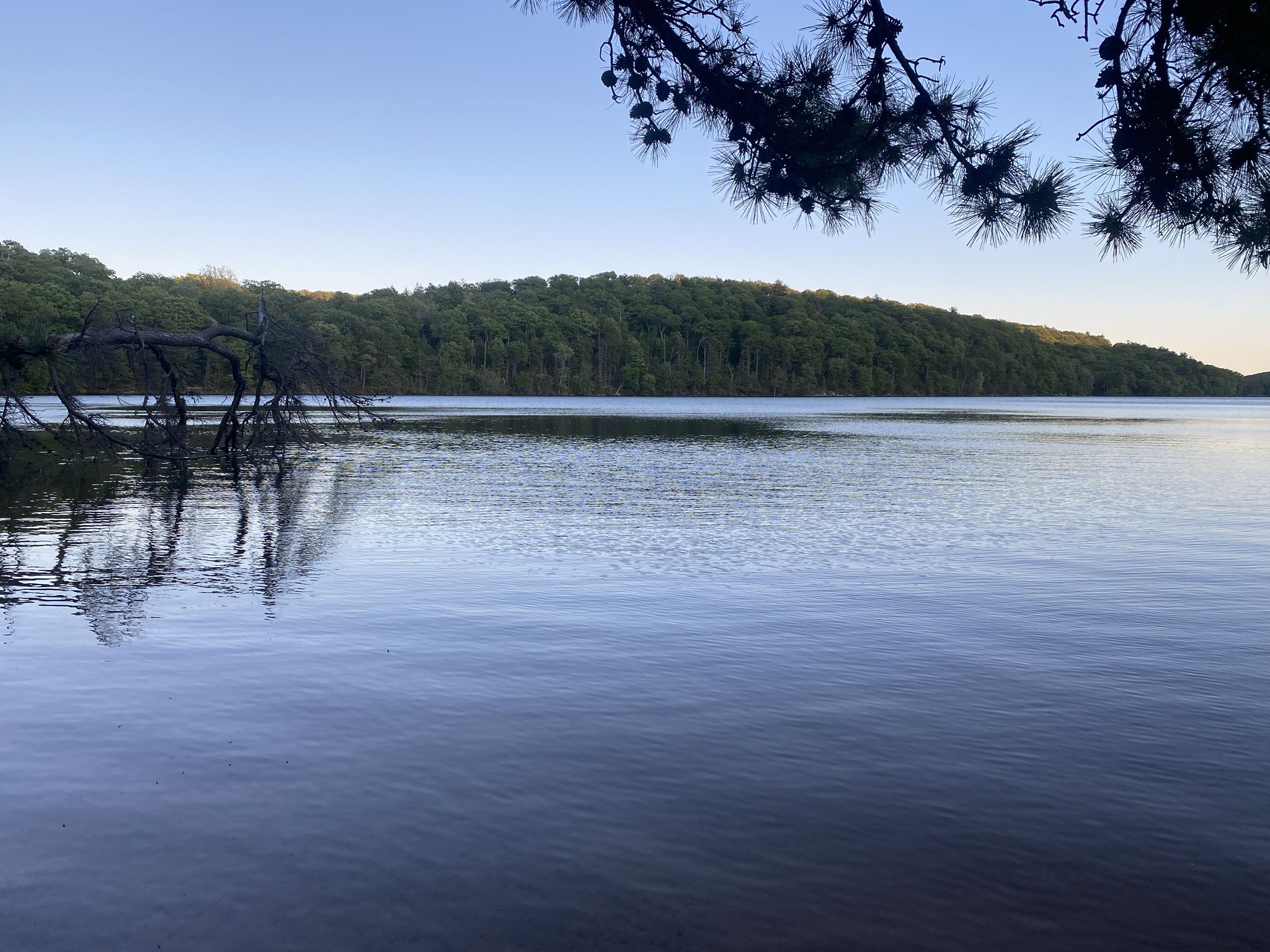 Calm lake reflecting forested hills under a clear evening sky. - Sterling Lake Loop Trail