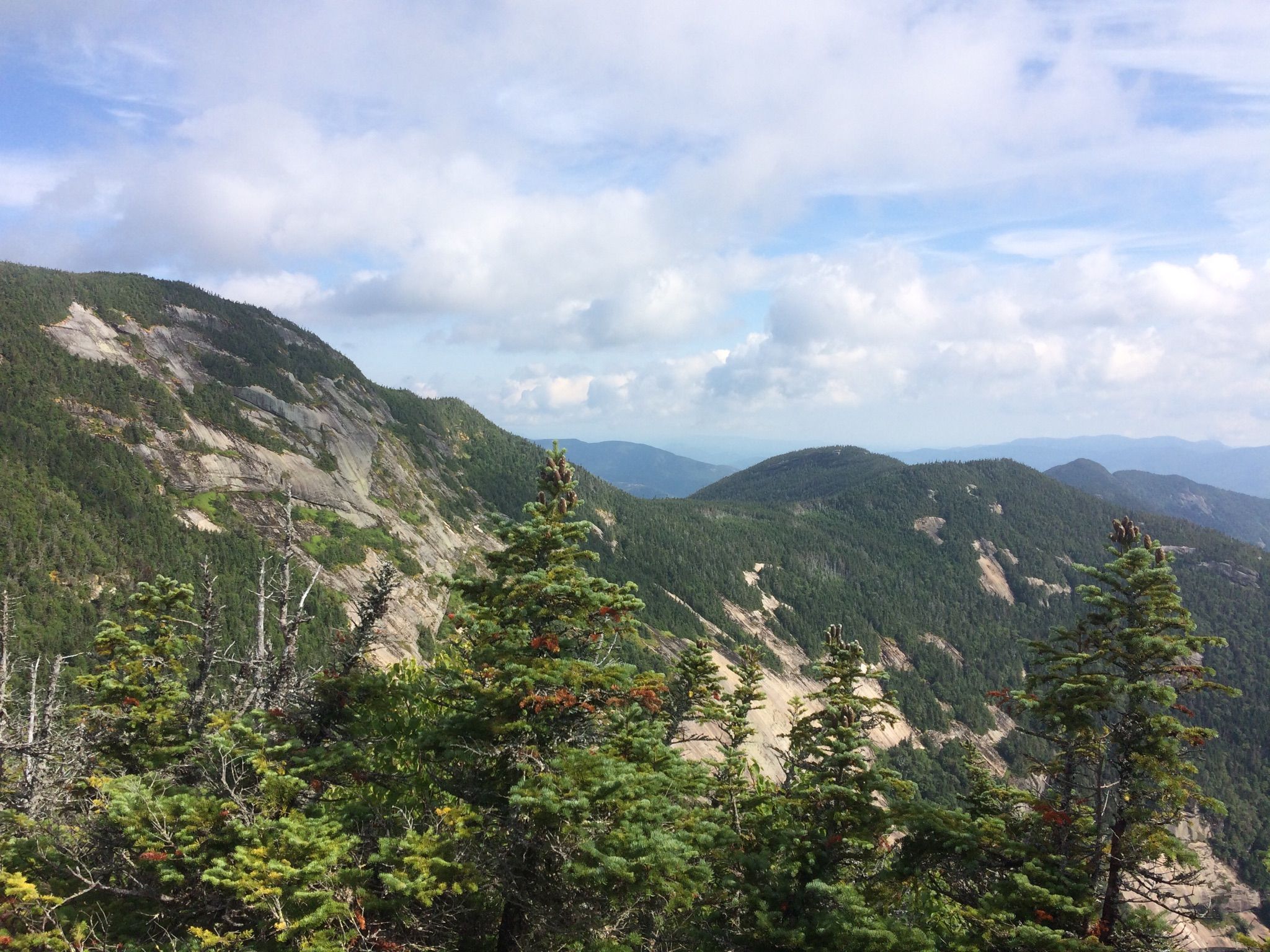 Mountain peaks covered in green trees under a partly cloudy sky. - Pyramid Peak, Gothics, and Armstrong Mountain via Weld Trail