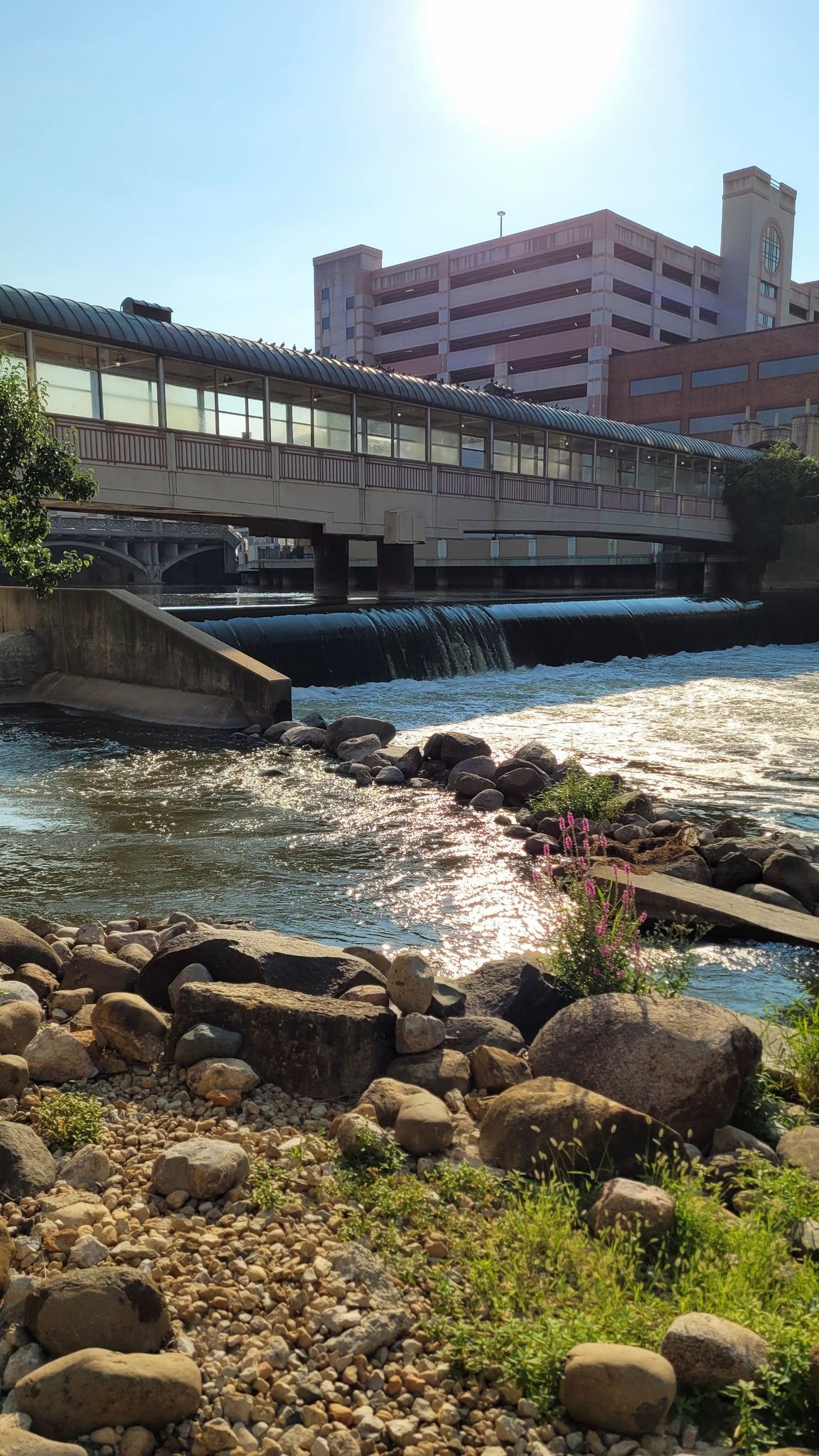 A river with rapids flows under a pedestrian bridge and urban buildings. - North Aurora Dam – Wooden Bridge loop from Aurora