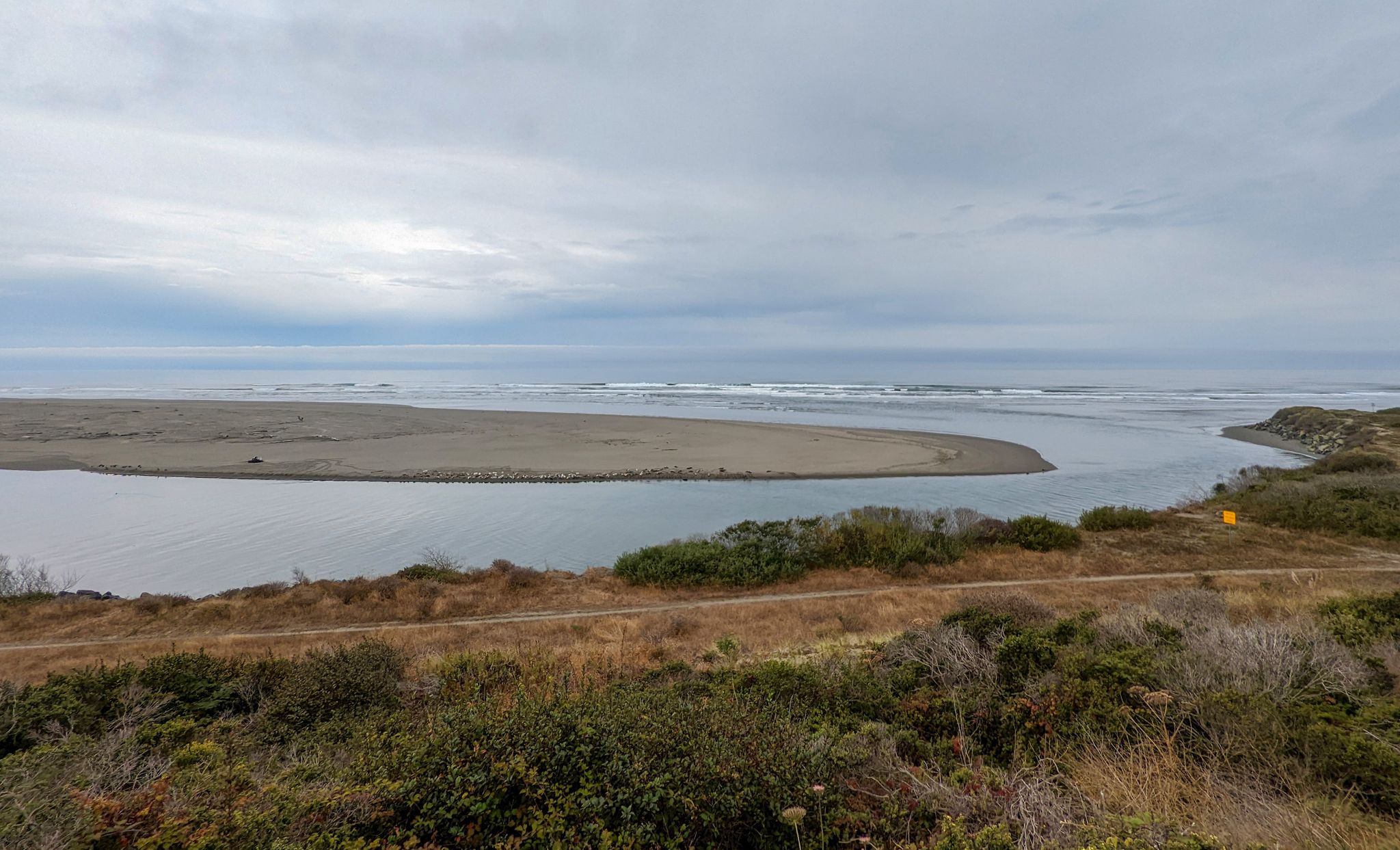 River estuary meeting the ocean under a cloudy sky, with coastal vegetation. - Arcata Plaza – Trinidad Lighthouse loop from Arcata