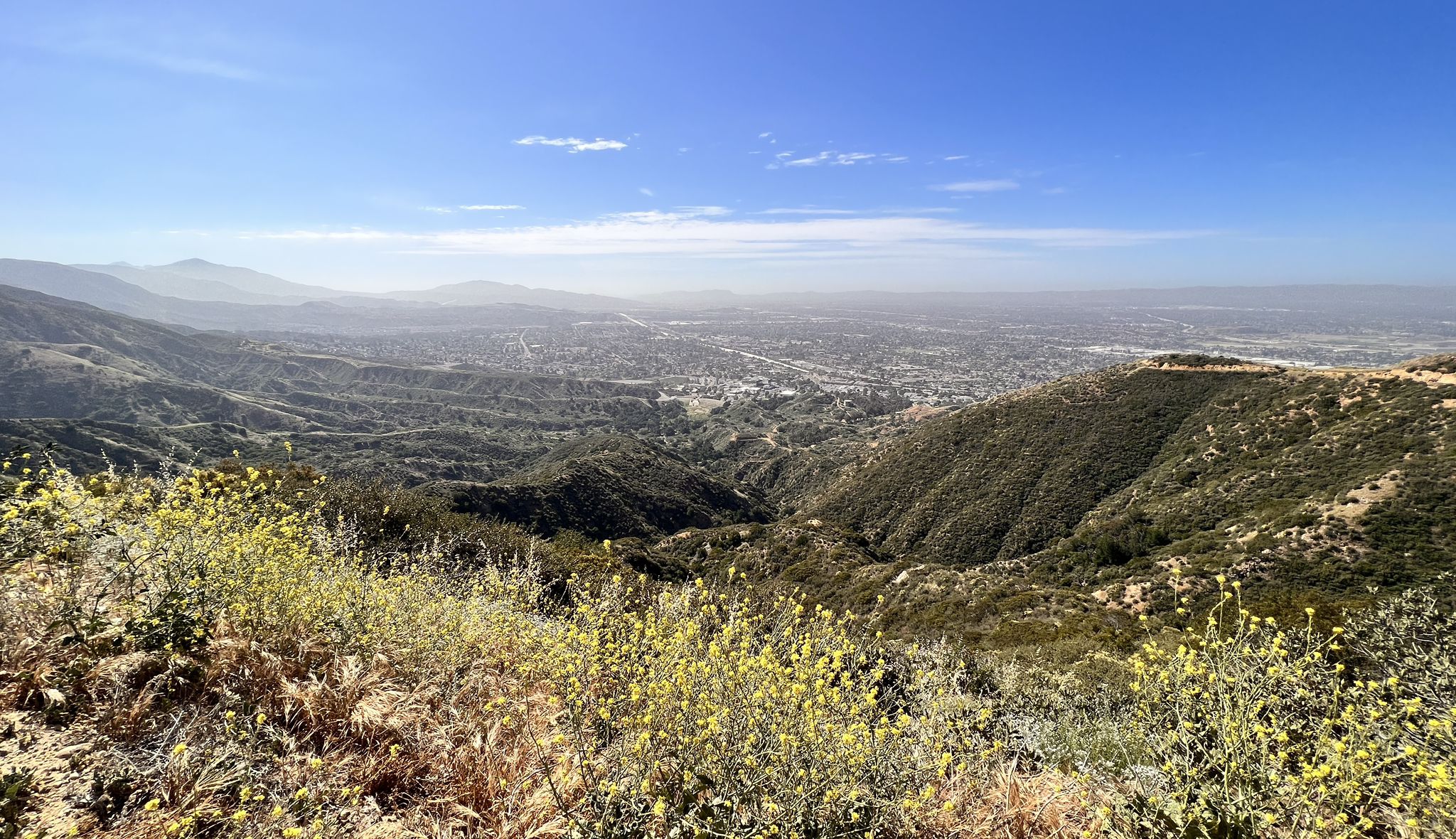 Sunny overlook of a sprawling city in a valley, surrounded by hills. - Veterans Memorial Park loop from Los Angeles Mission College