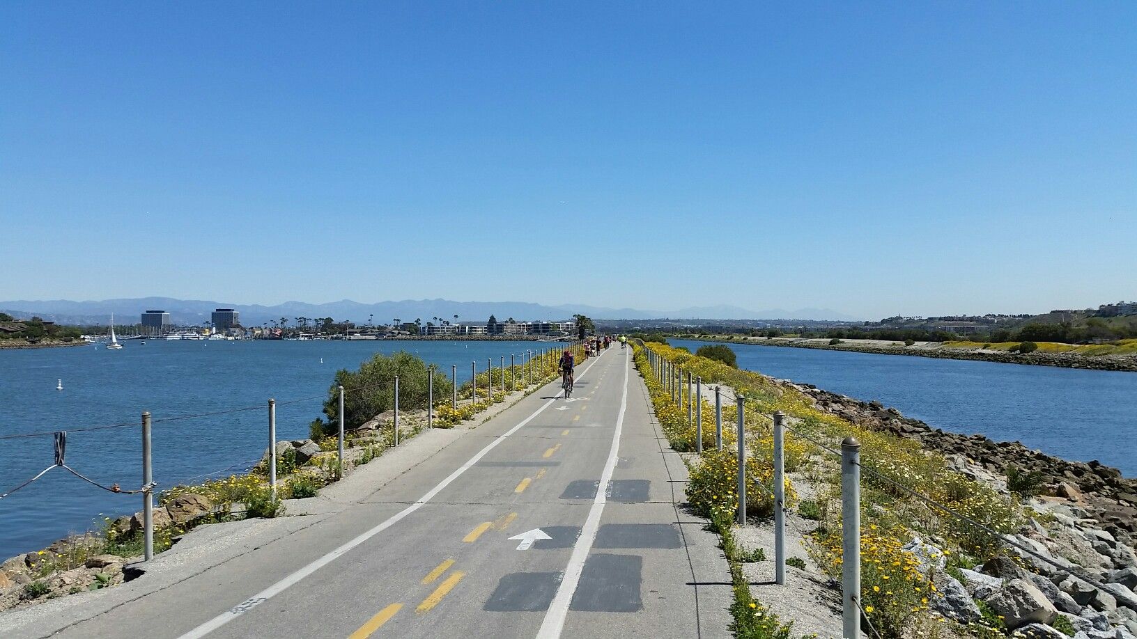 Cyclist on a paved path between two bodies of water under a bright sky. - Marina del Rey – Marina del Rey loop from Venice