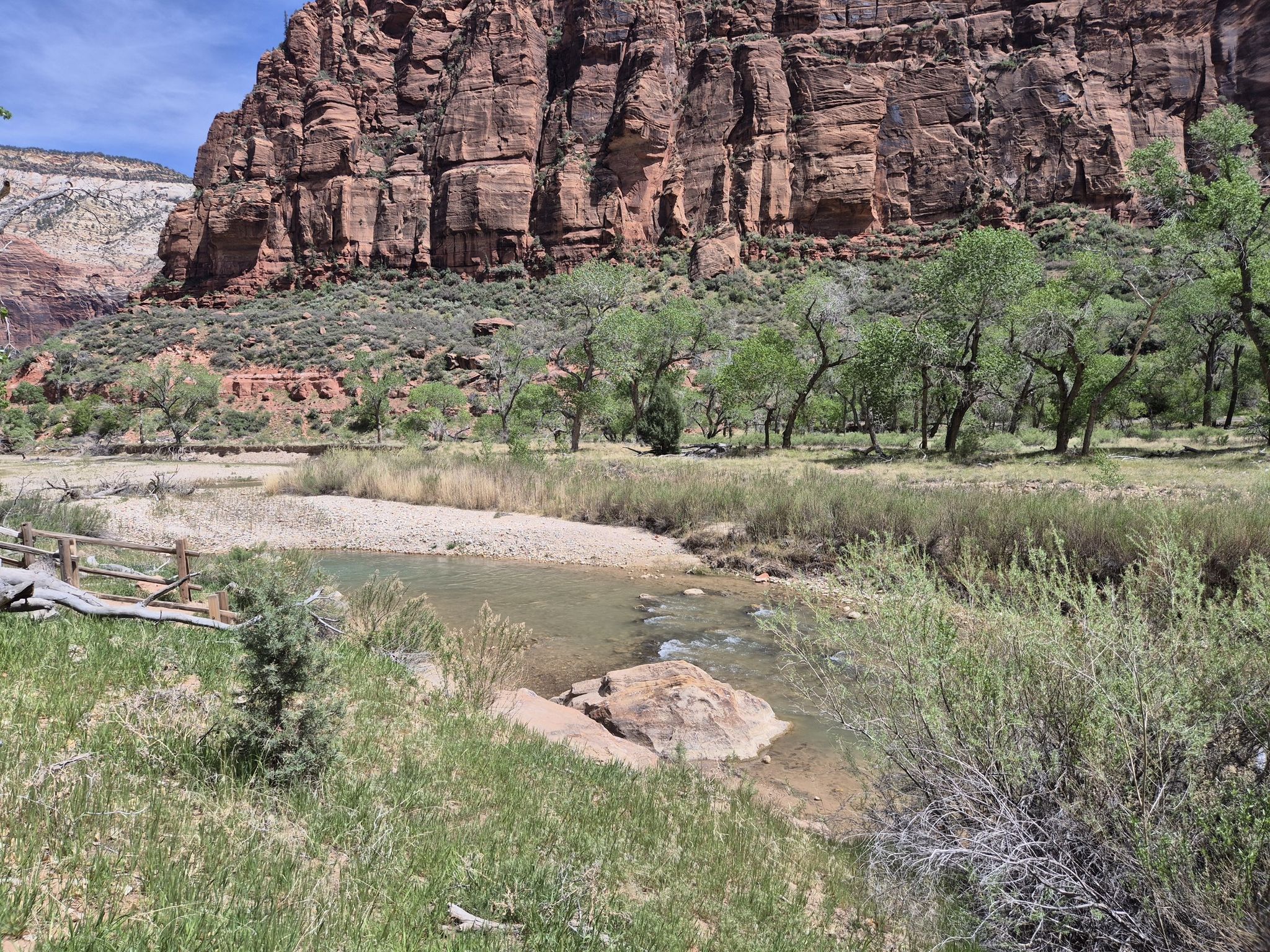 River, green trees, and a large red rock cliff under a bright sky. - Angels Landing Trail