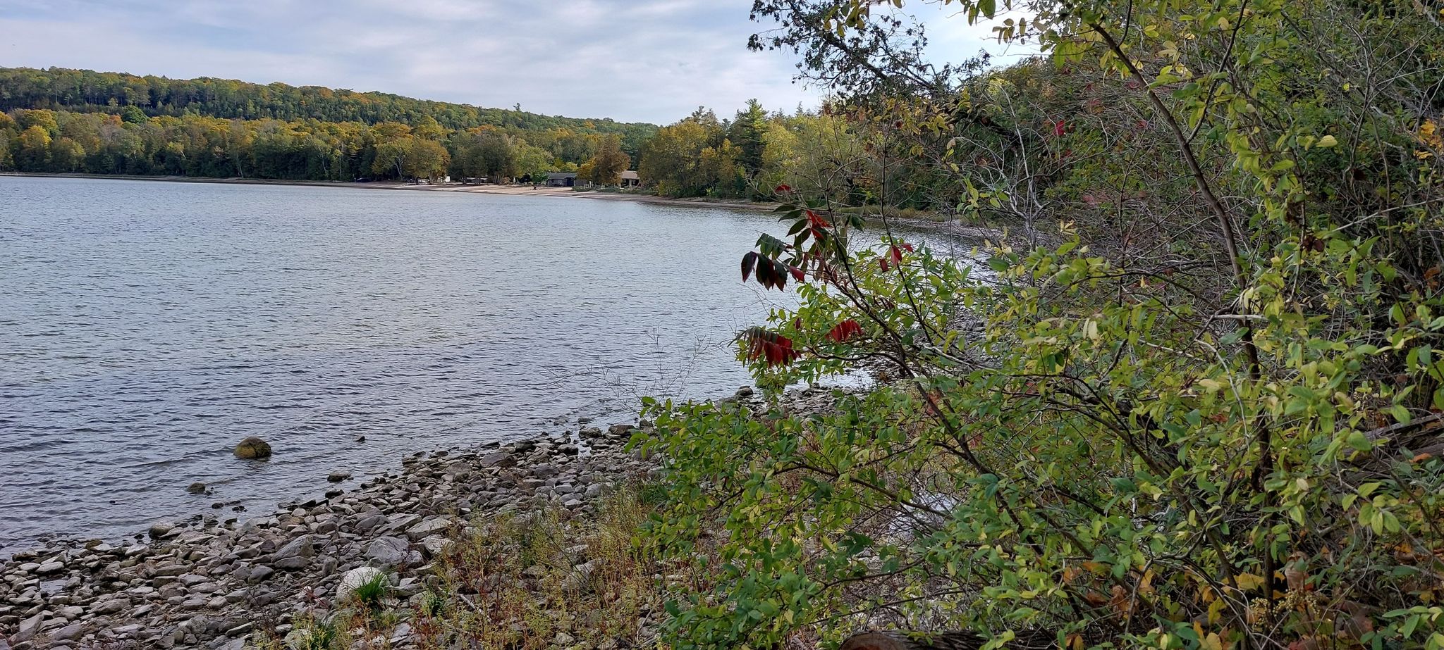 Rocky lake shore with autumn trees under a cloudy sky. - Fish Creek Running Trail – Eagle Bluff Lighthouse loop from Fish Creek