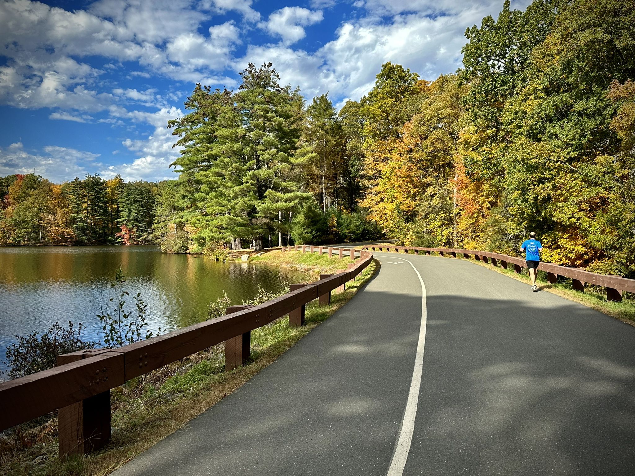 A person runs on a paved path beside a calm lake, surrounded by autumn trees. - Avon to Collinsville loop via East Coast Greenway