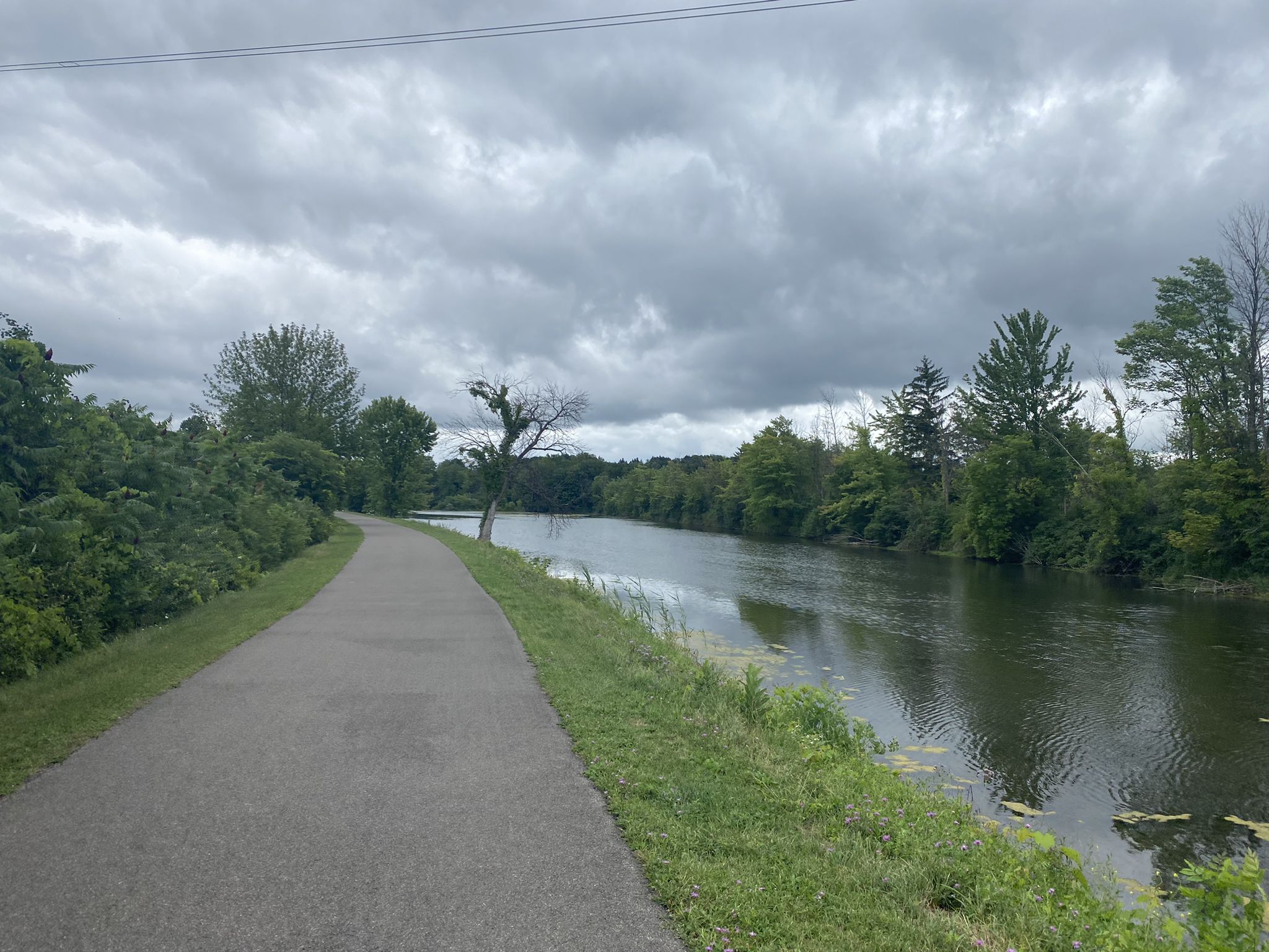 Paved path alongside a wide canal with green trees under a cloudy sky. - Erie Canalway Trail (Syracuse to Dewitt)