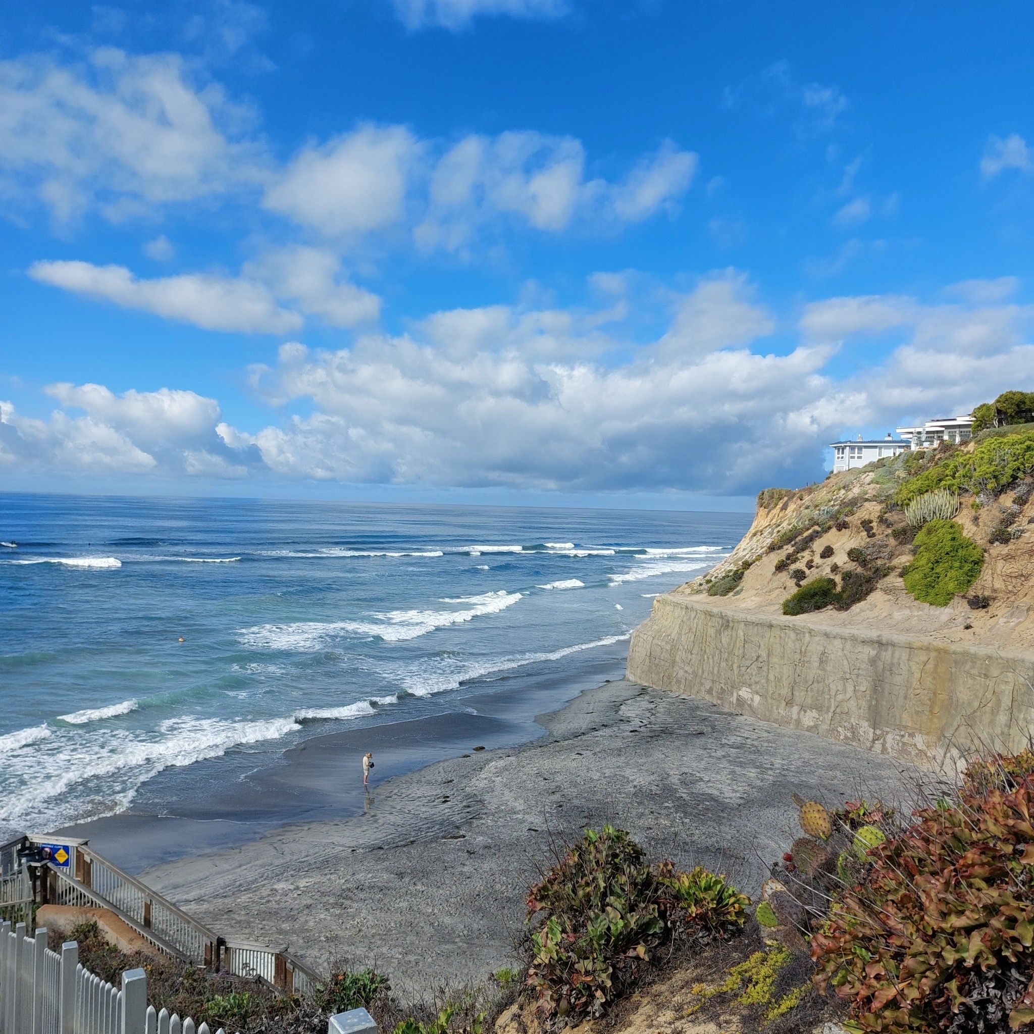 Panoramic coastal view with blue ocean, sandy beach, and vegetated cliffs. - Coastal Rail Trail