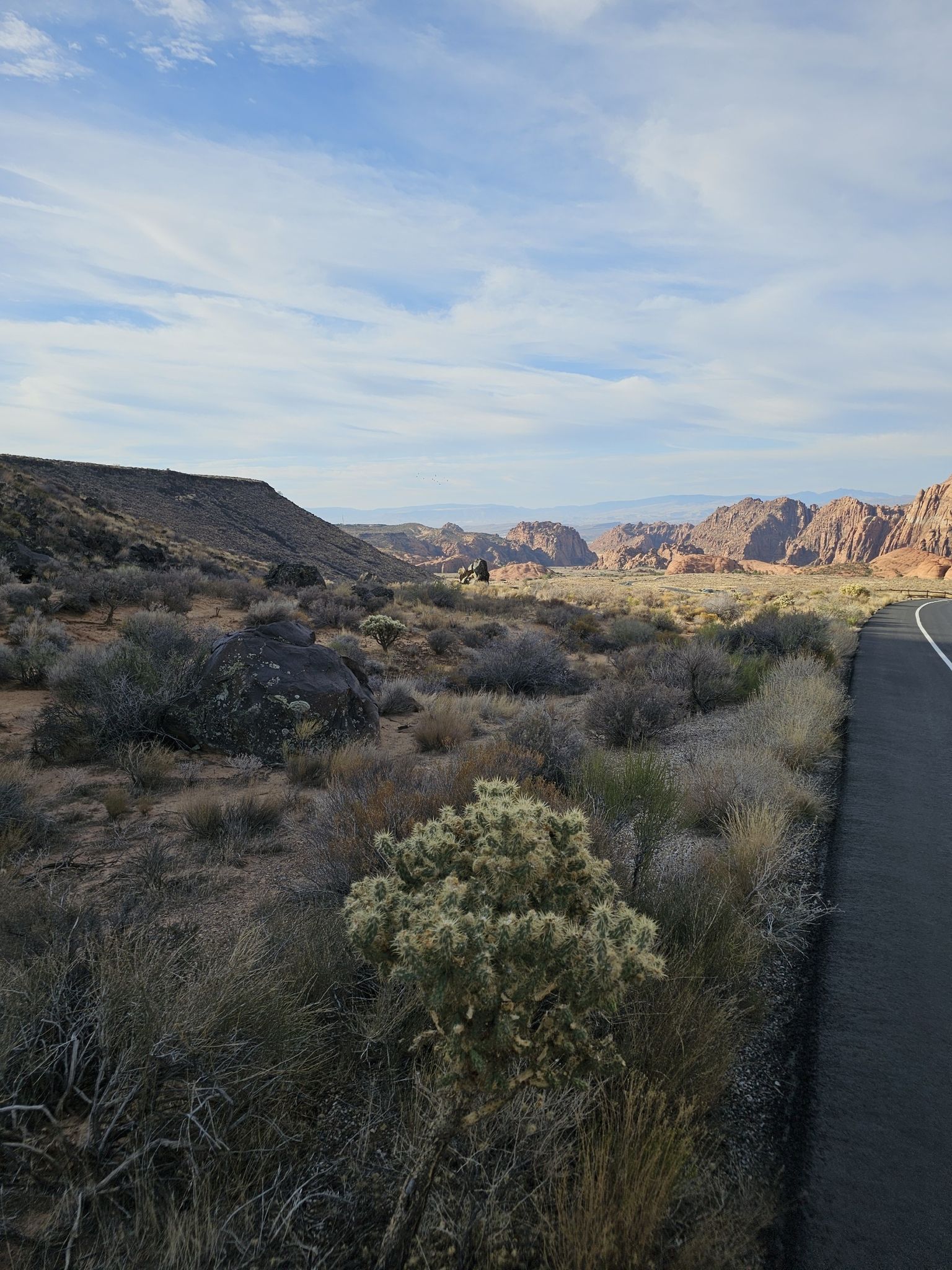 Desert landscape with shrubs and a road leading to distant mountains. - Town Square Park – Chuckwalla Bike Path loop from Snow Canyon Visitor Center
