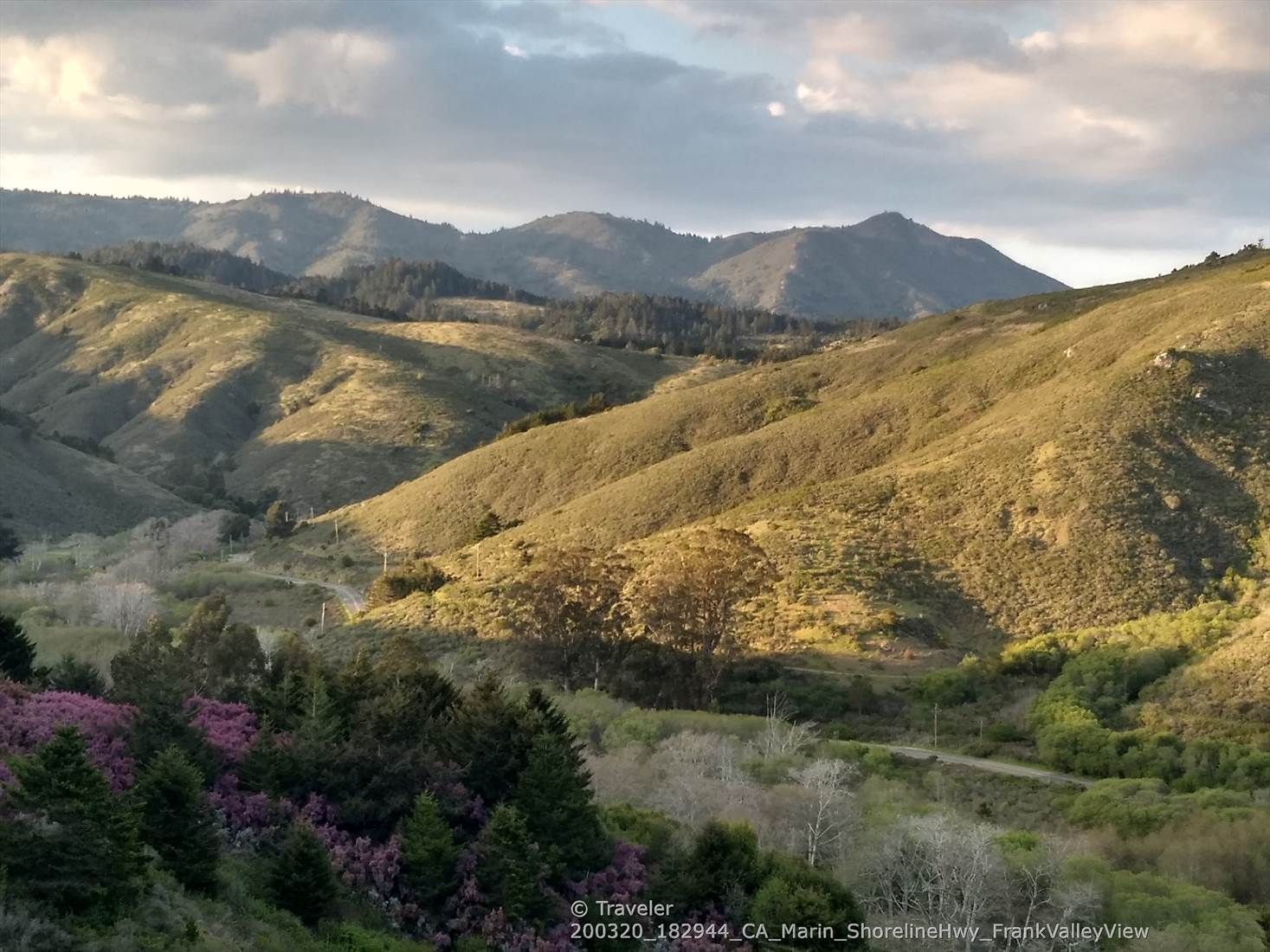 Rolling green and golden hills under a partly cloudy sky, with distant mountains. - Muir Beach Overlook – Shoreline Highway in Mount Tamalpais State Park loop from Tamalpais-Homestead Valley