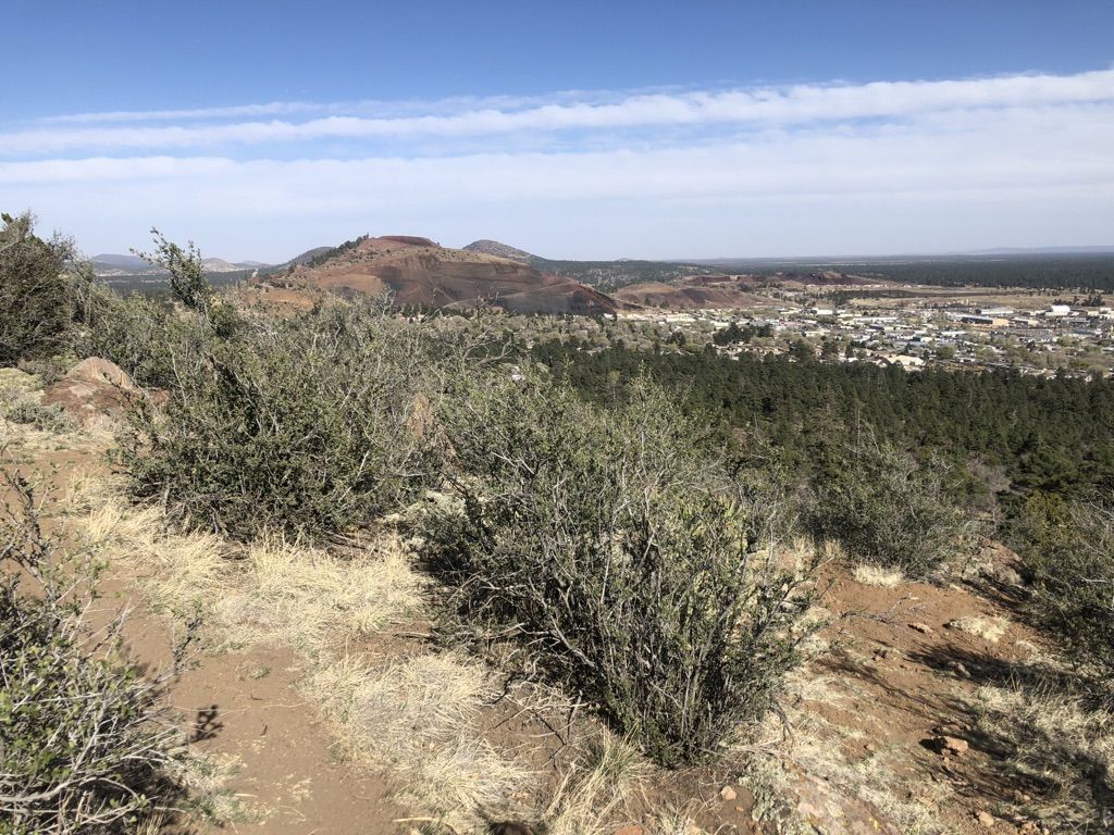 Overlook of a distant town and forest, with a mountain under cloudy sky. - Fatman's Loop Trail – Coconino National Forest