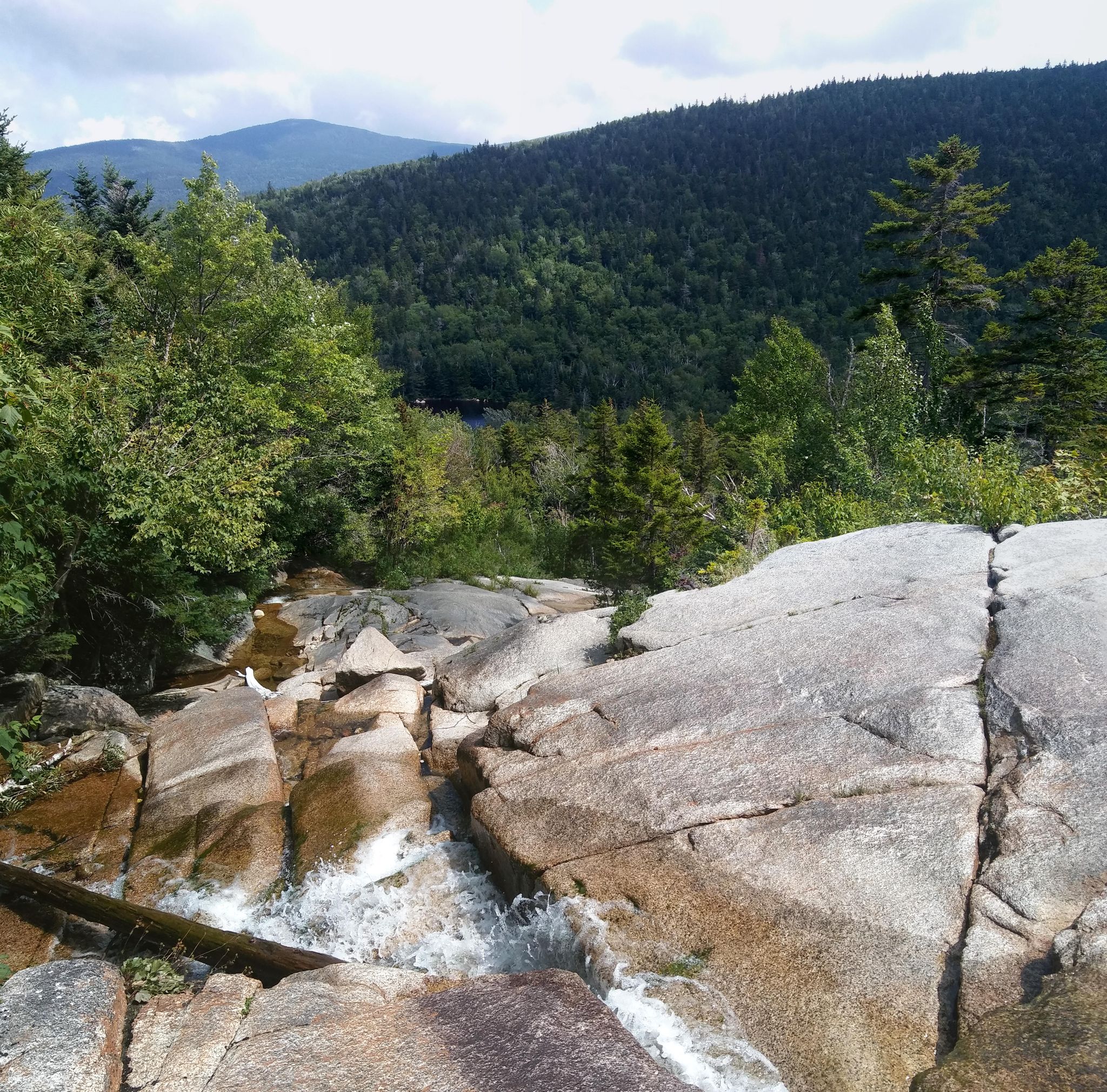 Waterfall cascading over large rocks, surrounded by green forest and distant mountains. - Mount Bond – Zeacliff Outlook loop from Mount Bond