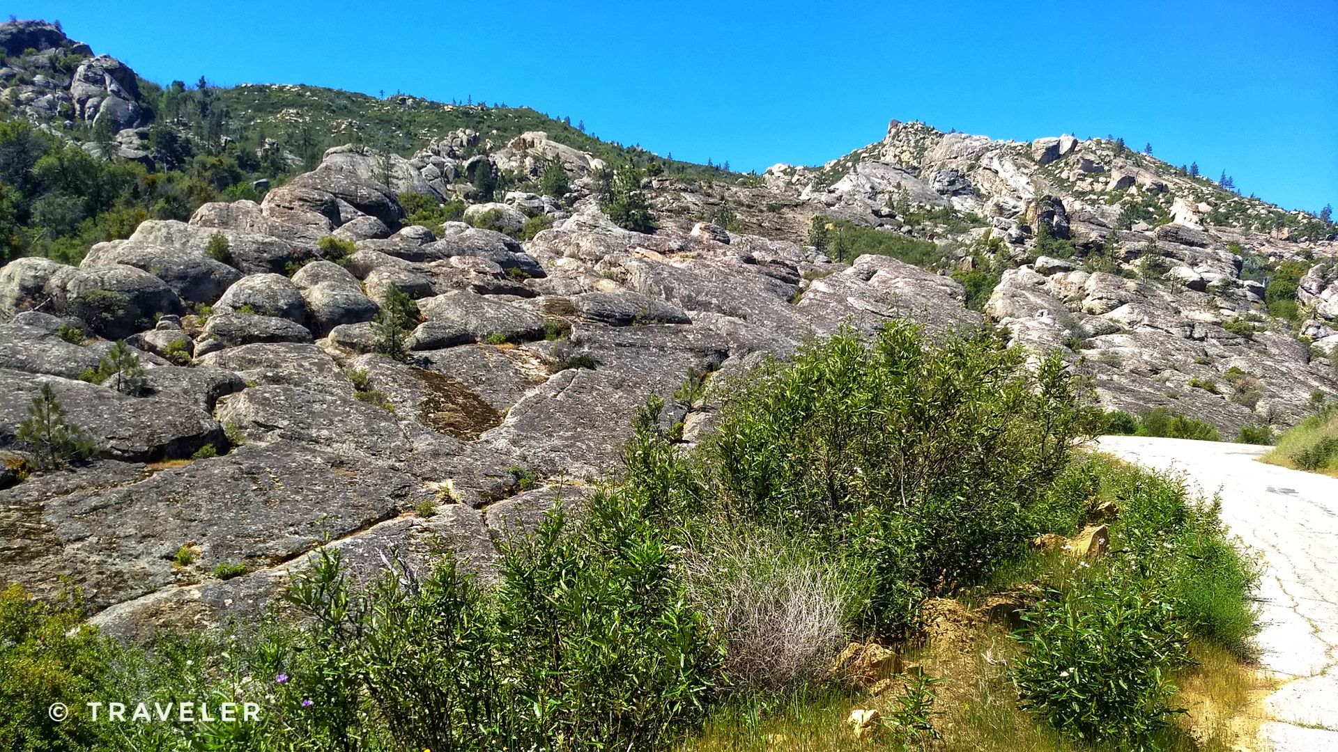 Rocky mountainside with green bushes beside a dirt road under a clear sky. - Santa Lucia Trail and Adobe Connector Loop
