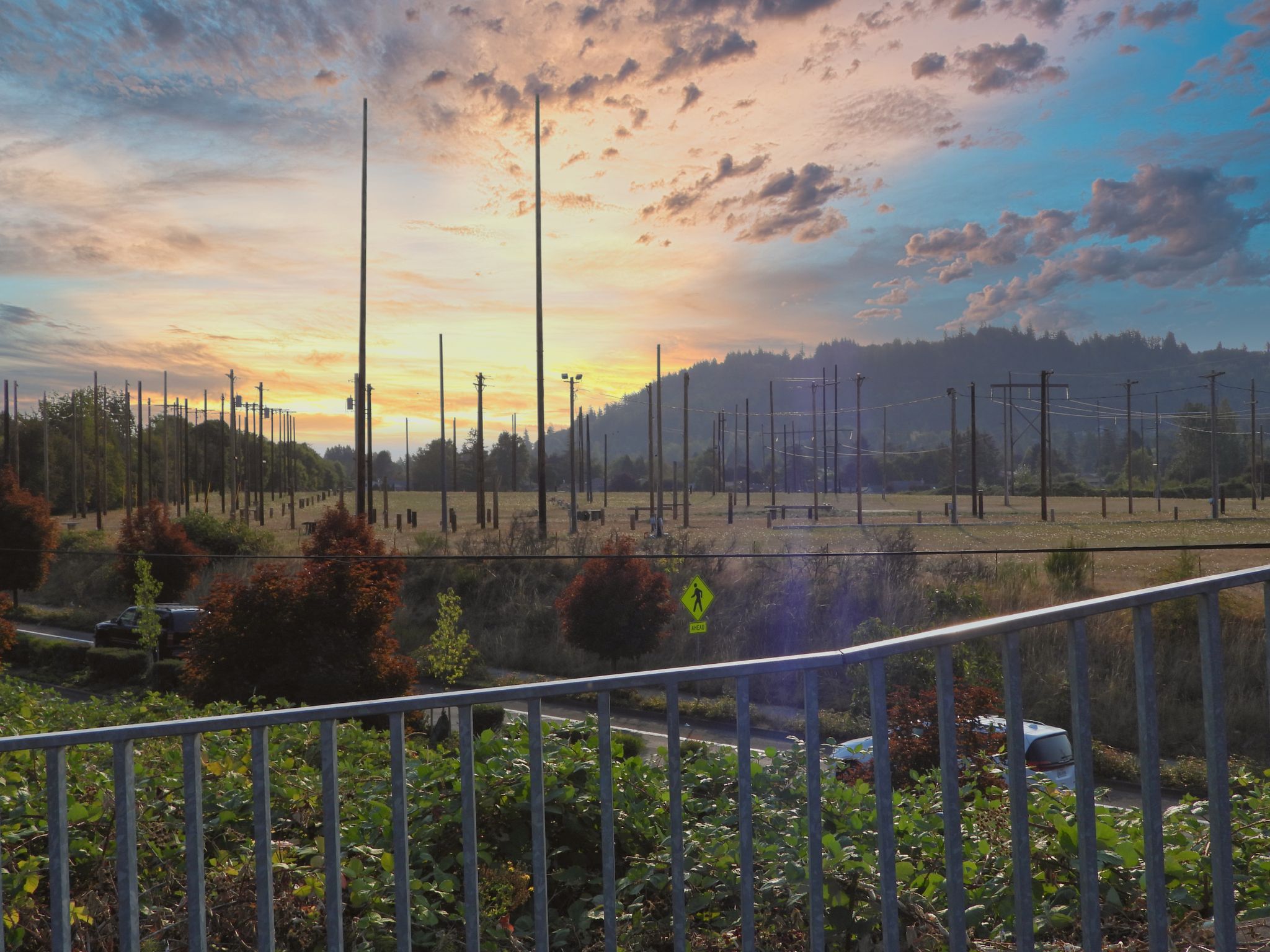 Sunset over a field of utility poles, with distant hills and a metal railing. - Gresham-Fairview Trail