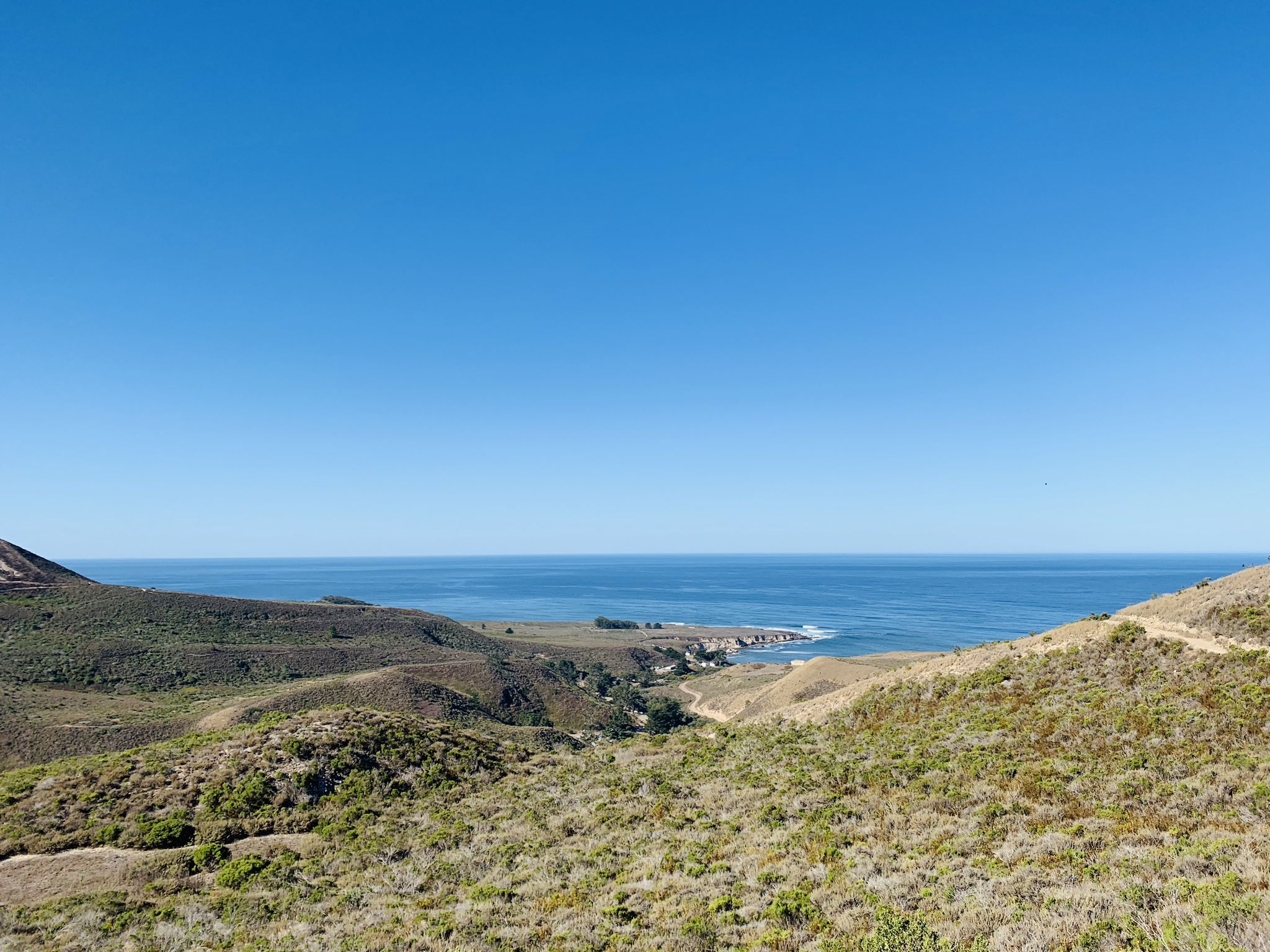 Expansive blue ocean meeting green coastal hills under a clear, sunny sky. - Spooner's Cove loop from Valencia Peak