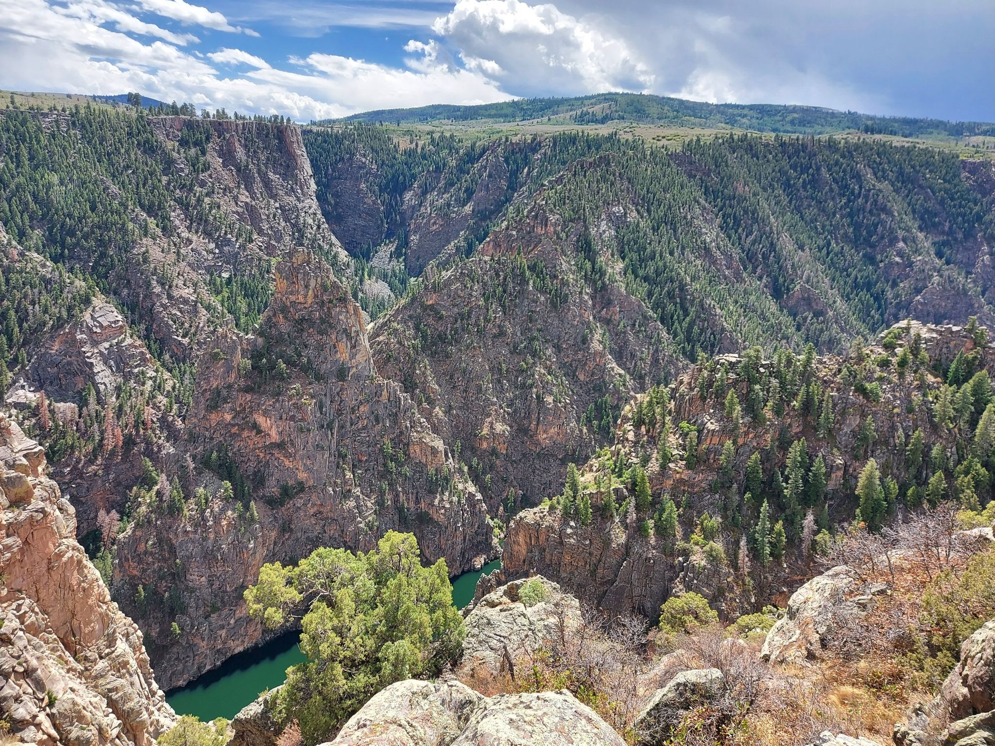 A wide canyon view with a green river, steep cliffs, and a cloudy sky. - Curecanti Creek Trail