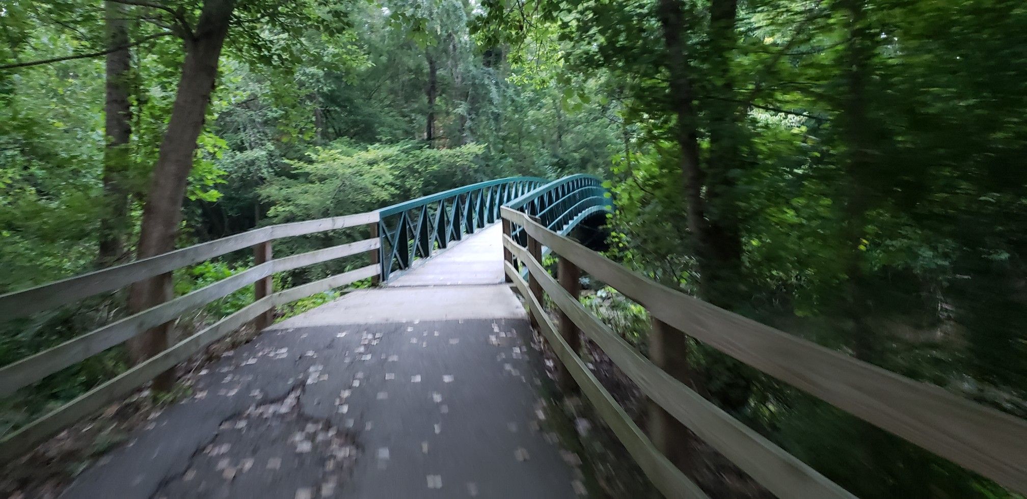 A paved path with wooden railings leads to a green metal bridge through lush forest. - Running loop from N Hamilton Rd & E Johnstown Rd
